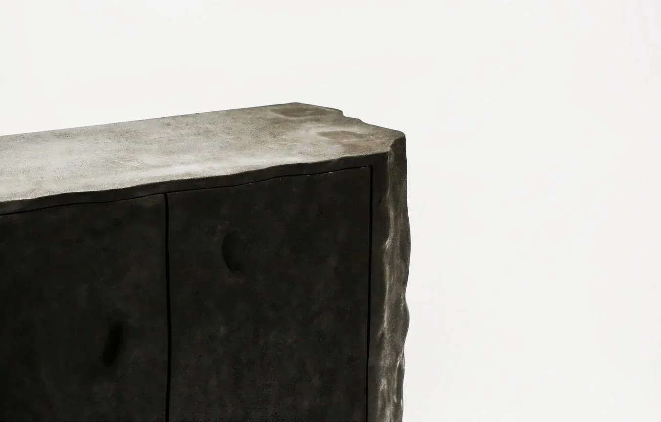 Organic silhouette lacquer cabinet with tile ash finish