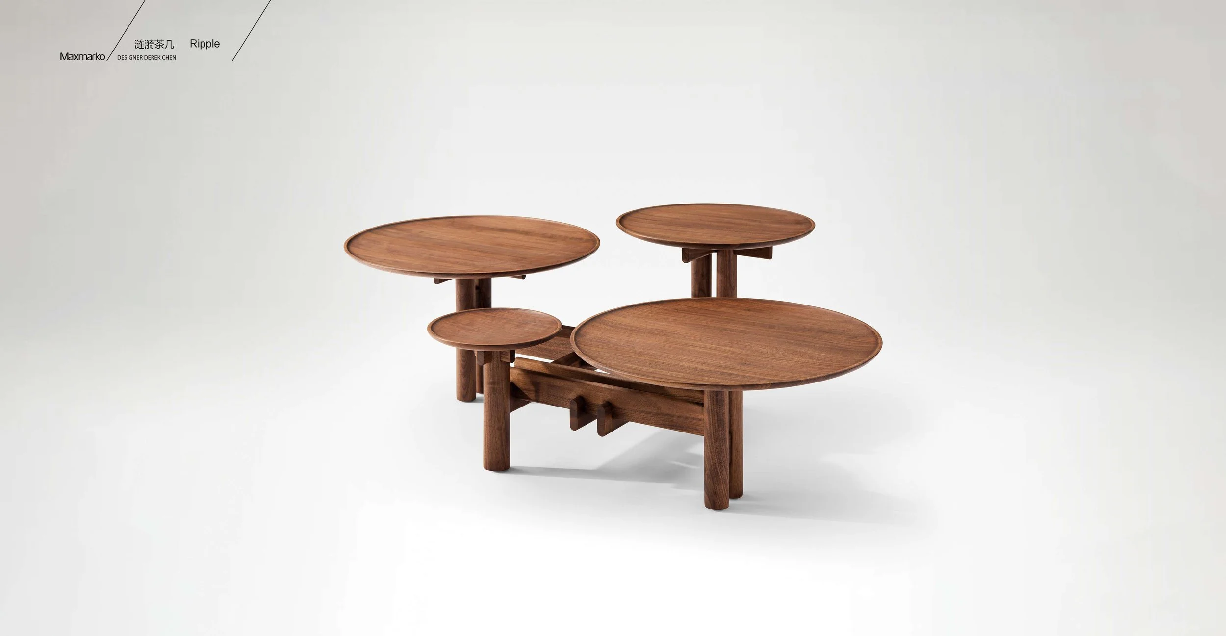 Sculptural coffee table inspired by water ripples with layered round platforms.