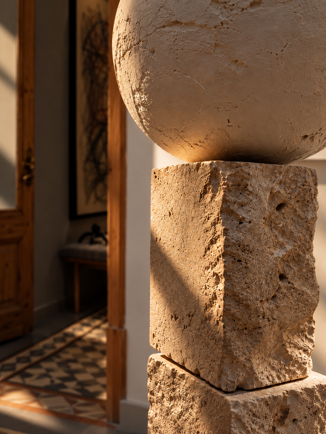 Detail of Gravity 10.55 by Yoyo Balagué, clay sphere resting on a rough-cut natural stone block