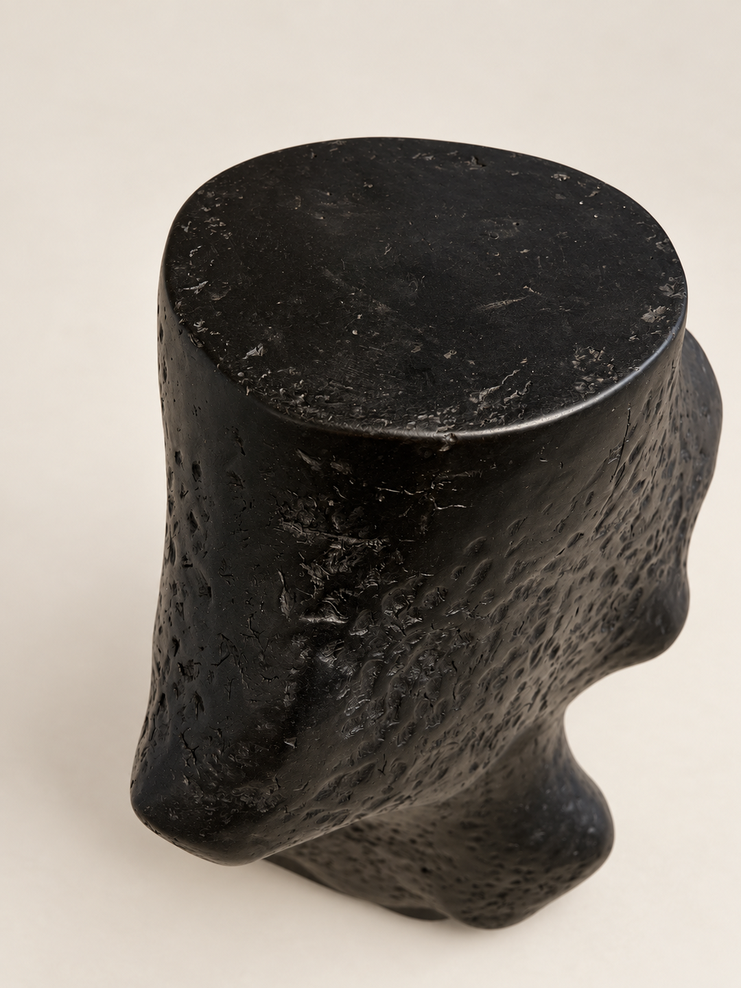 Top view of Pedestal II by Justino Del Casar, flat circular surface of a handmade papier-mâché side table