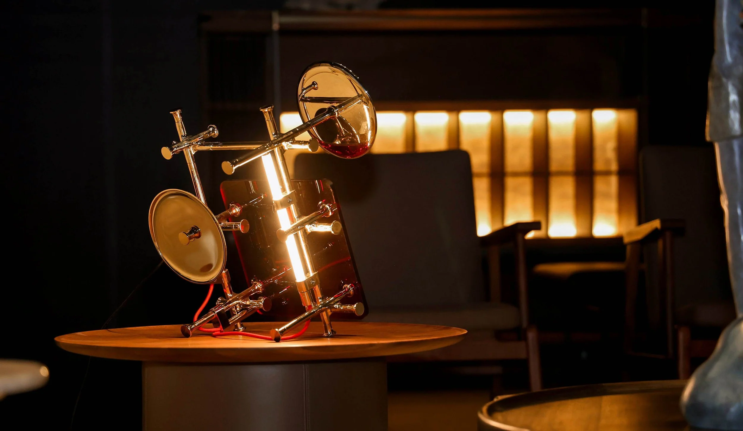 X21 collectible lamp by Chen Darui featuring transparent glass discs and warm architectural lighting