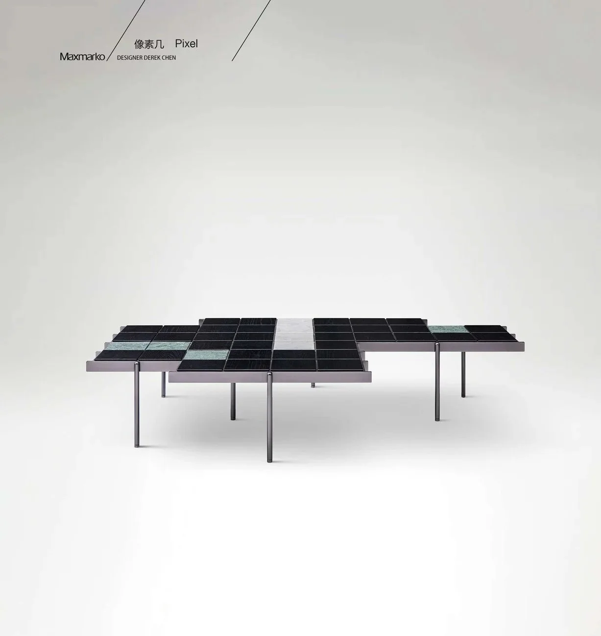 Modern sculptural table with wood and stone tiles arranged in pixel blocks.