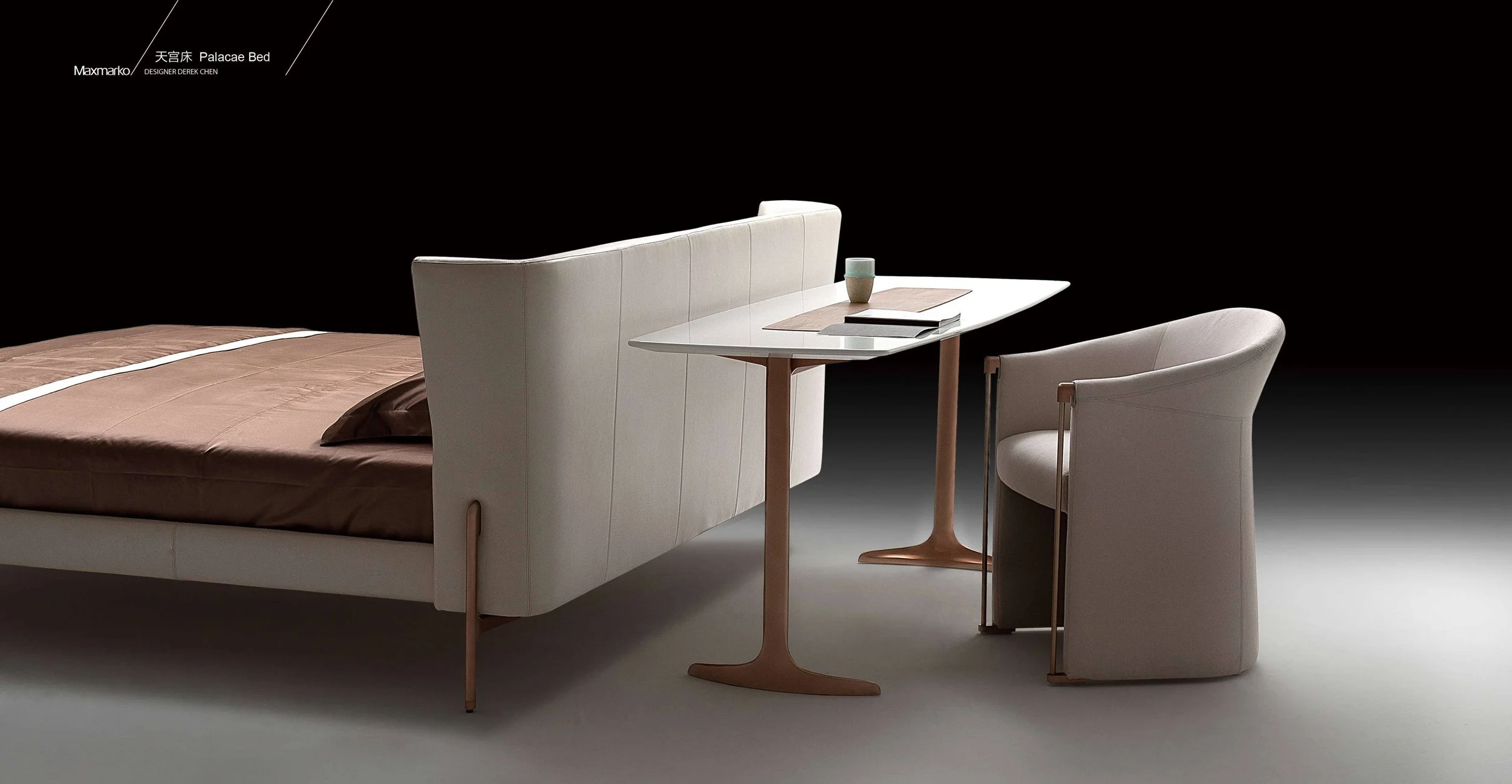 Contemporary bed design with aluminium–magnesium rose-gold legs.