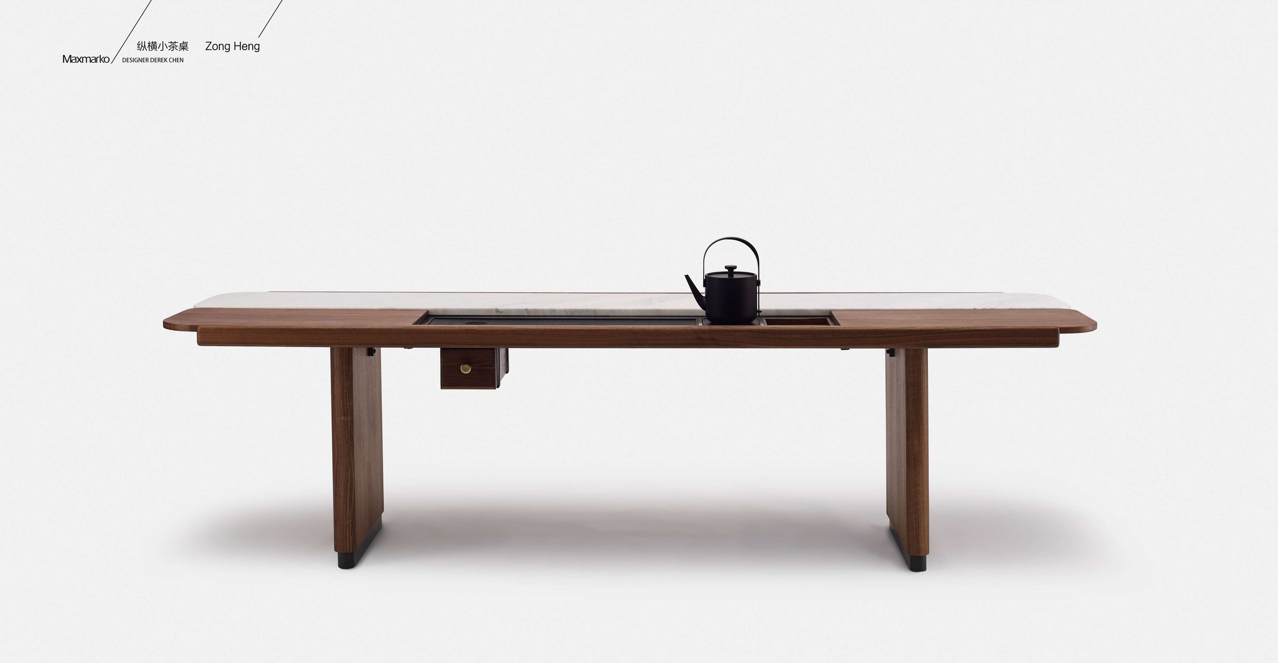 Elegant wooden tea table with stone insert for modern ceremonial brewing.