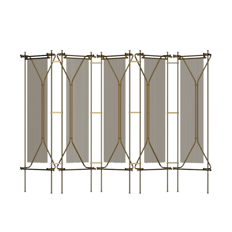 Contemporary modular screen in zinc alloy and stainless steel electroplated Champagne Gold, designed by Chen Darui.