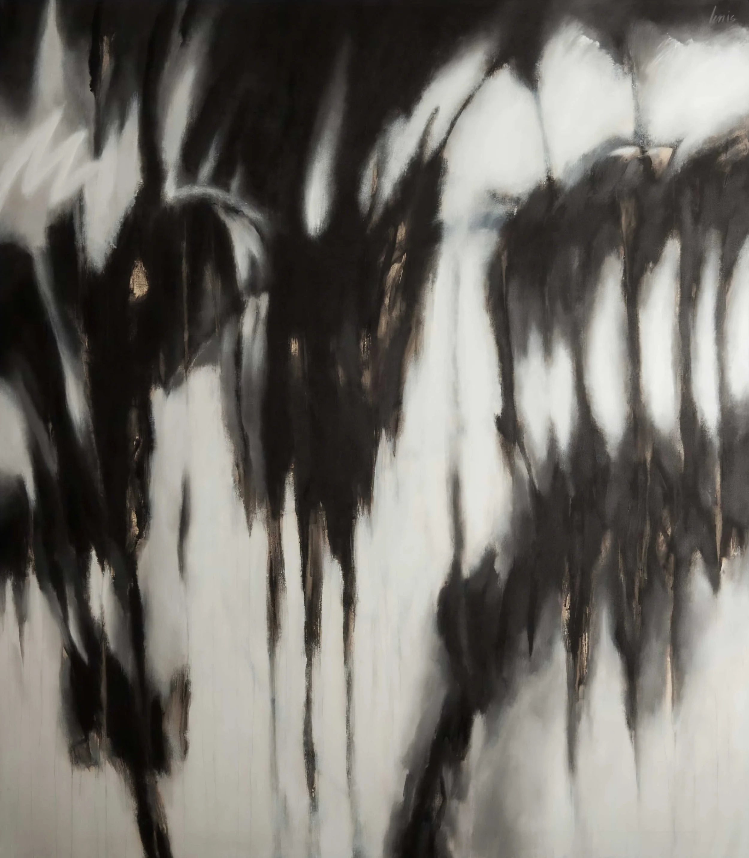 Monumental black and white painting by Colombian artist Jimmy Lenis, expressive vertical composition reflecting marginality and philosophical tension