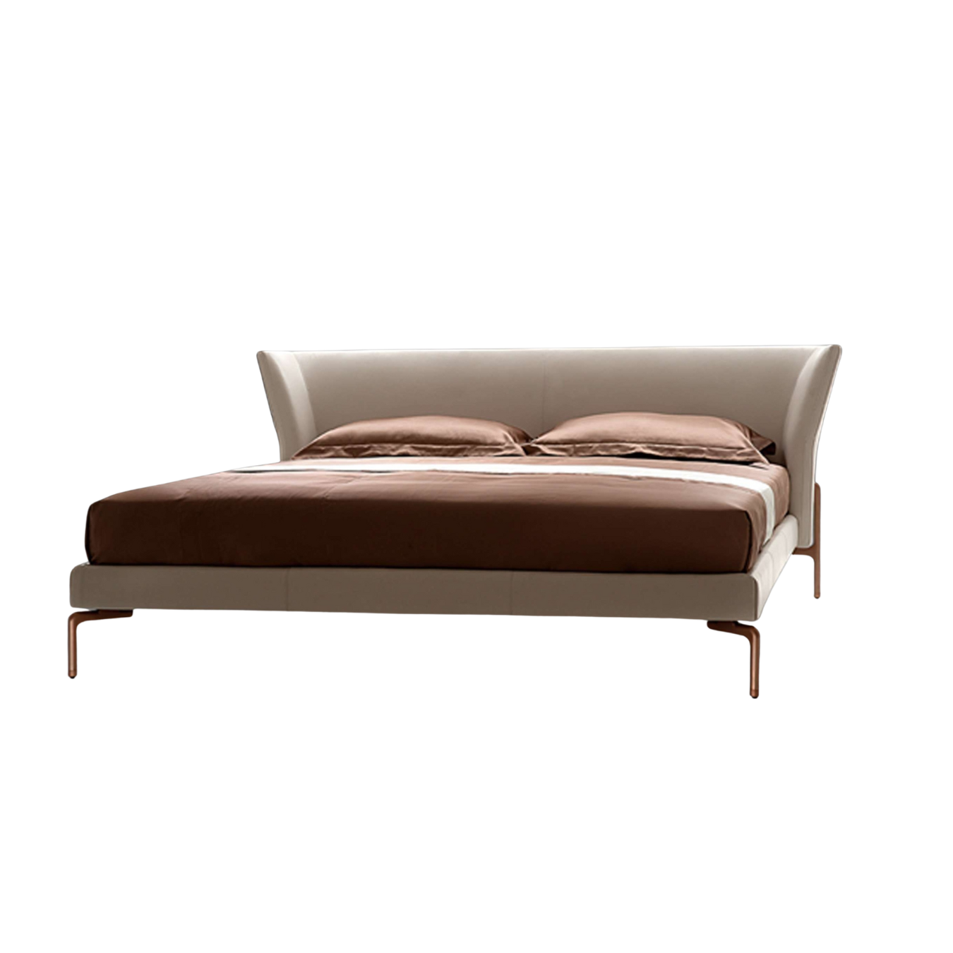 Palacae Bed by Maxmarko with enclosing leather headboard and rose-gold legs.