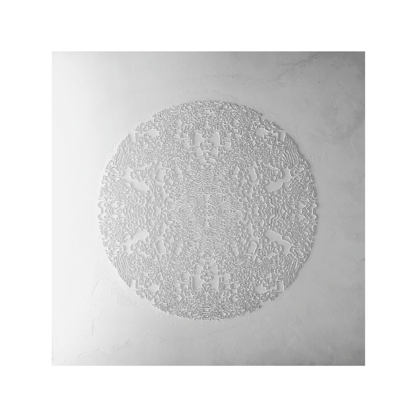 Circular Labyrinth’ by Robert Pous, intricate white sculptural relief with organic linework, represented by EAST WEST SPACE.