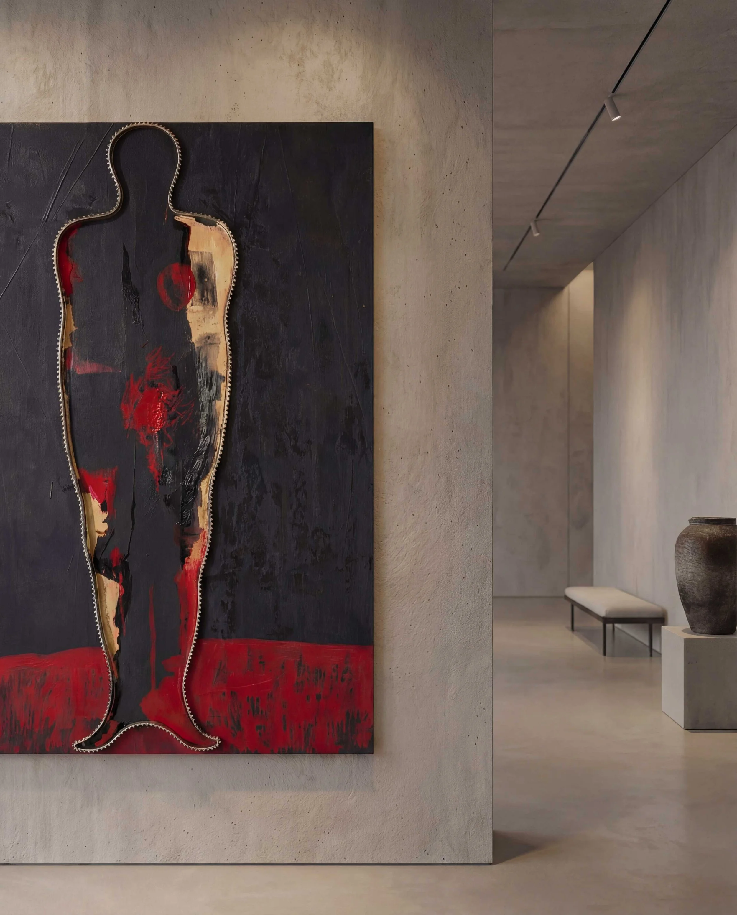 Close-up of red and black lacquer surface in Chen Wencai wall sculpture