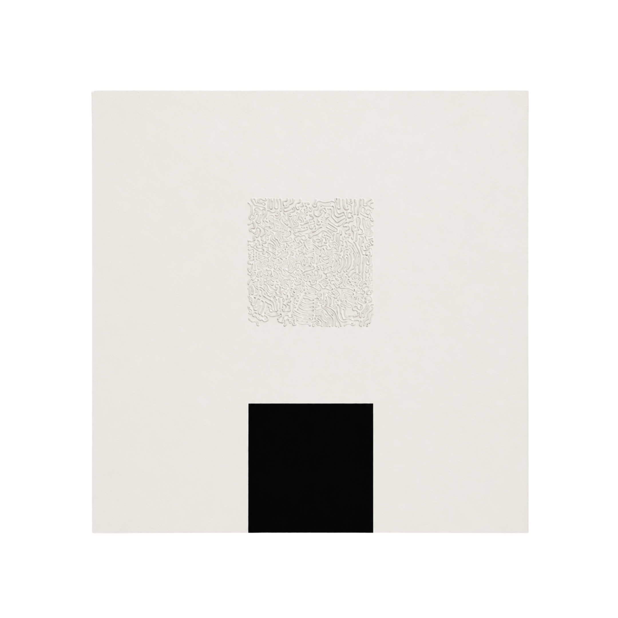 Black Flame by Robert Pous, 170 x 170 cm minimalist relief artwork with black void square, BLANCONEGRO BARCELONA