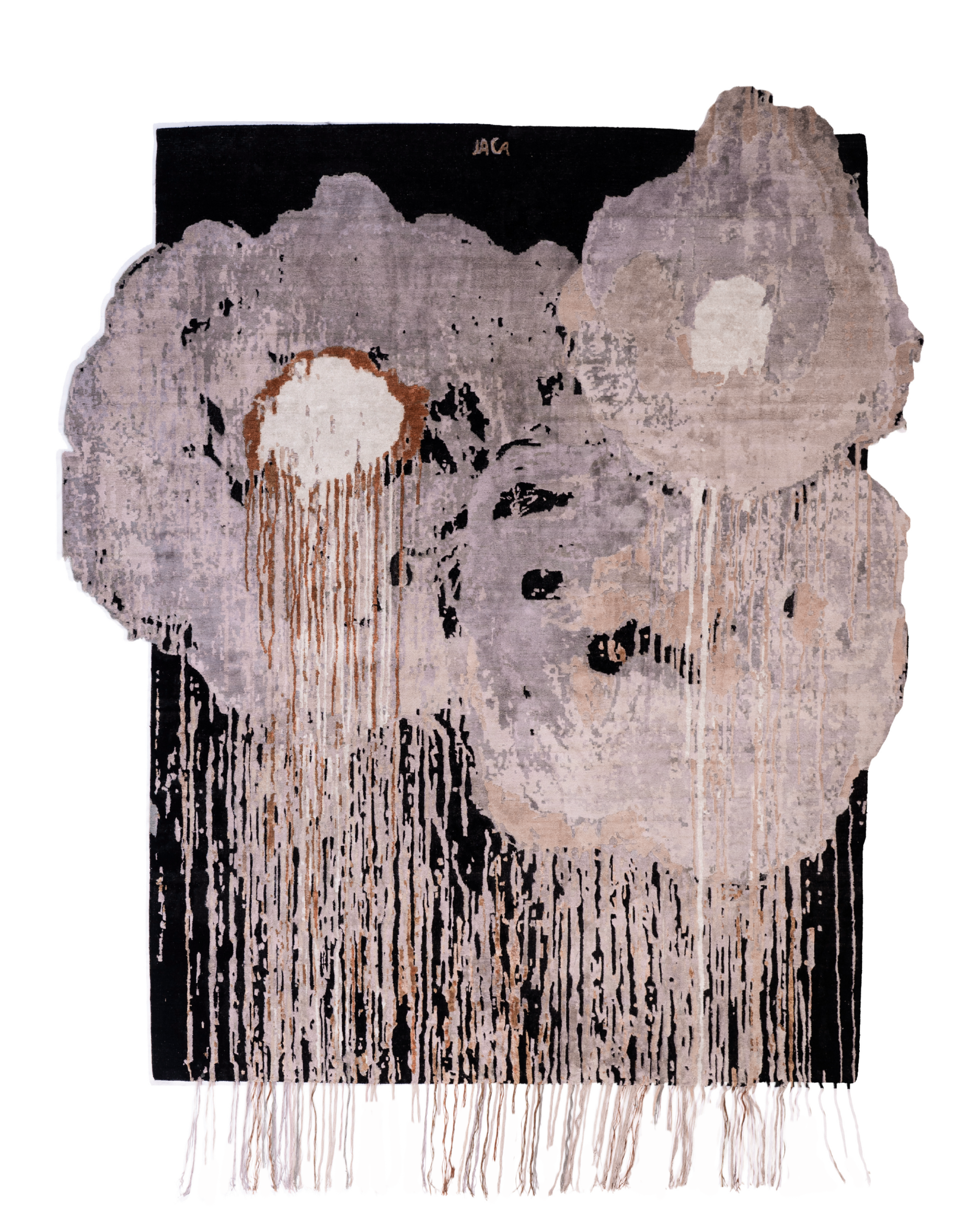 Top view of hand-knotted rug Sugar Magnolia by Julien Jaca in oxidised wool and silk, with rust drips and multicolour fringes, BLANCONEGRO BARCELONA