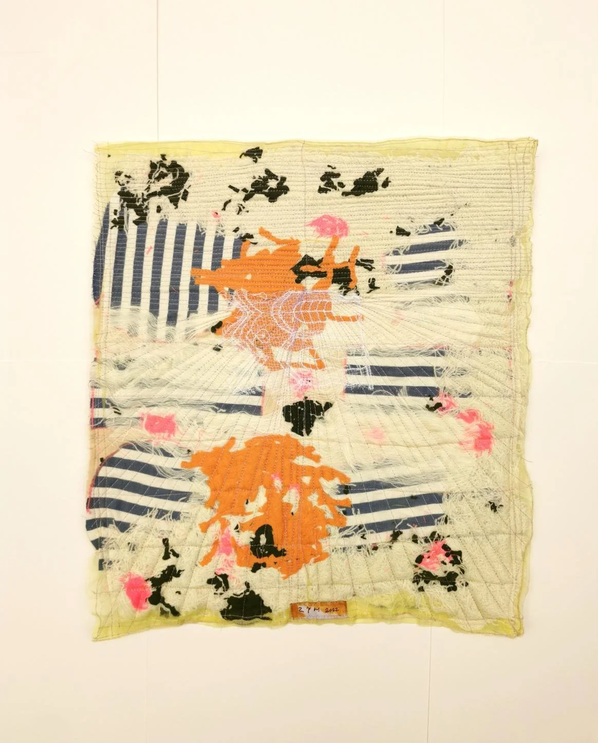Modern textile wall artwork with artistic stitching and expressive color movement