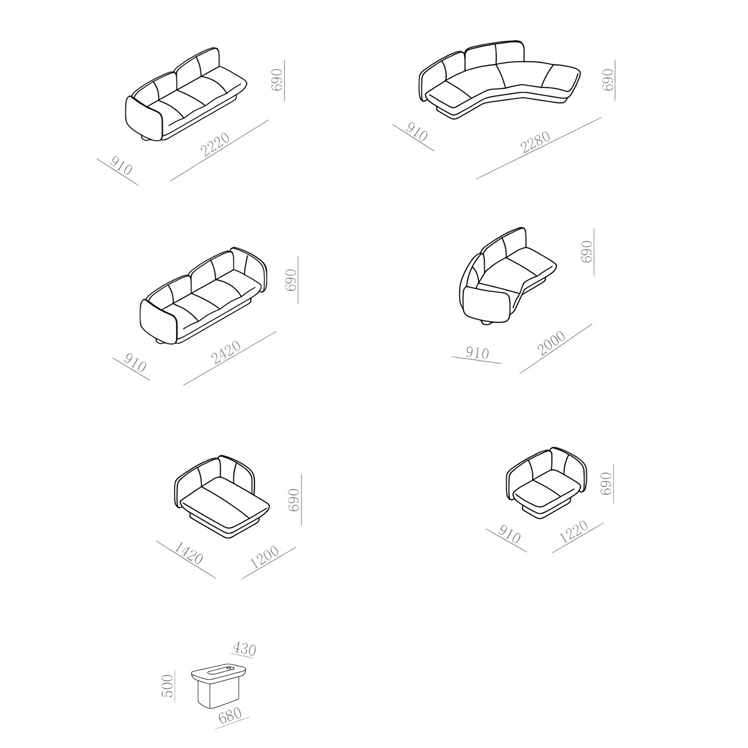 Elegant curved sofa with padded volumes designed for serene interiors.