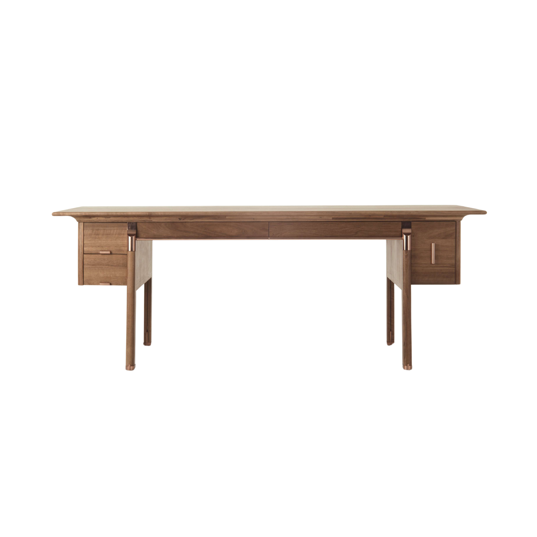 Moyan Desk by Maxmarko in solid walnut with rose-gold details.
