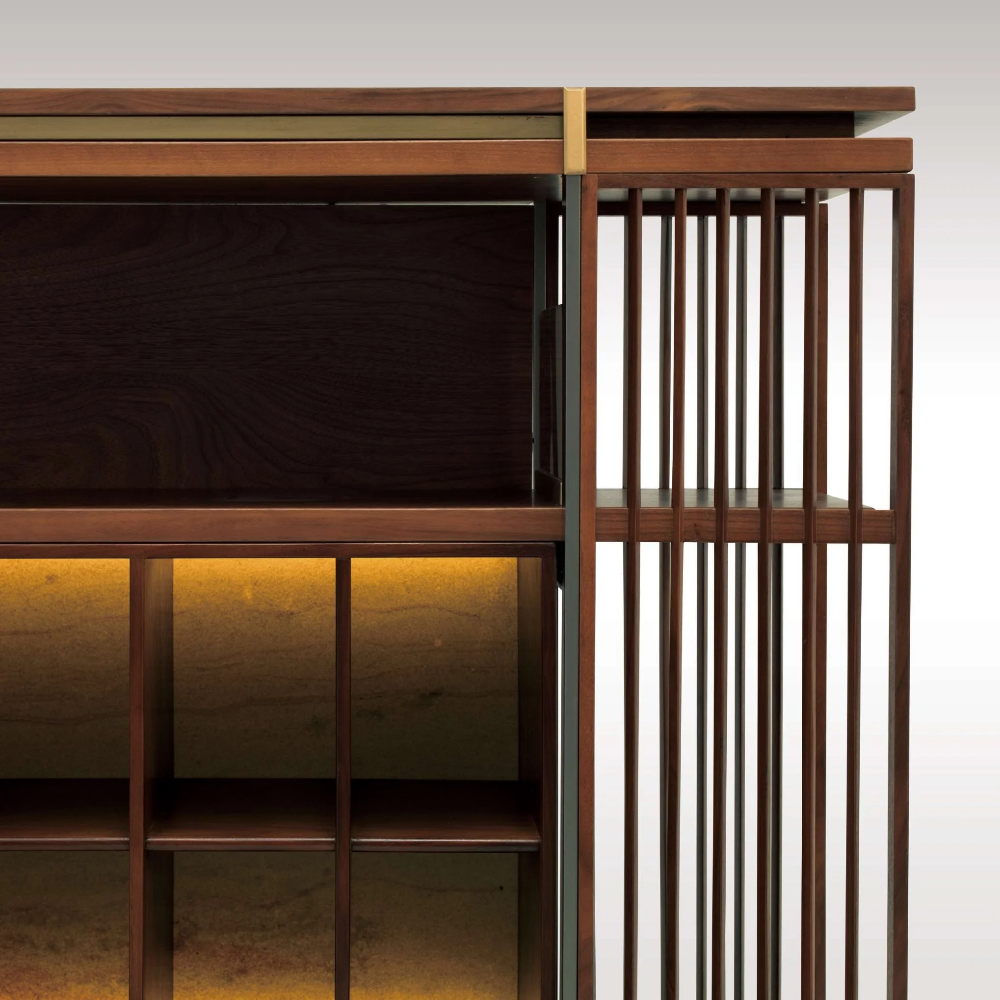 Contemporary tea cabinet with warm LED lighting and refined wood craftsmanship.