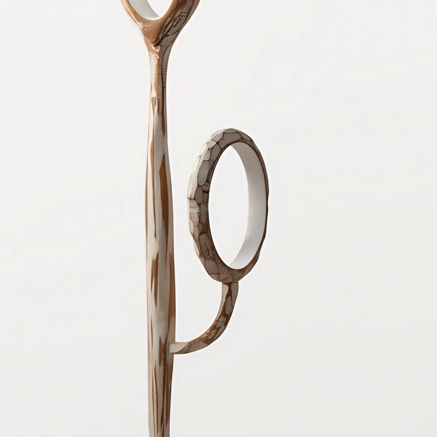 Fine art wooden sculpture combining natural curves and suspended ring forms for curated spaces.