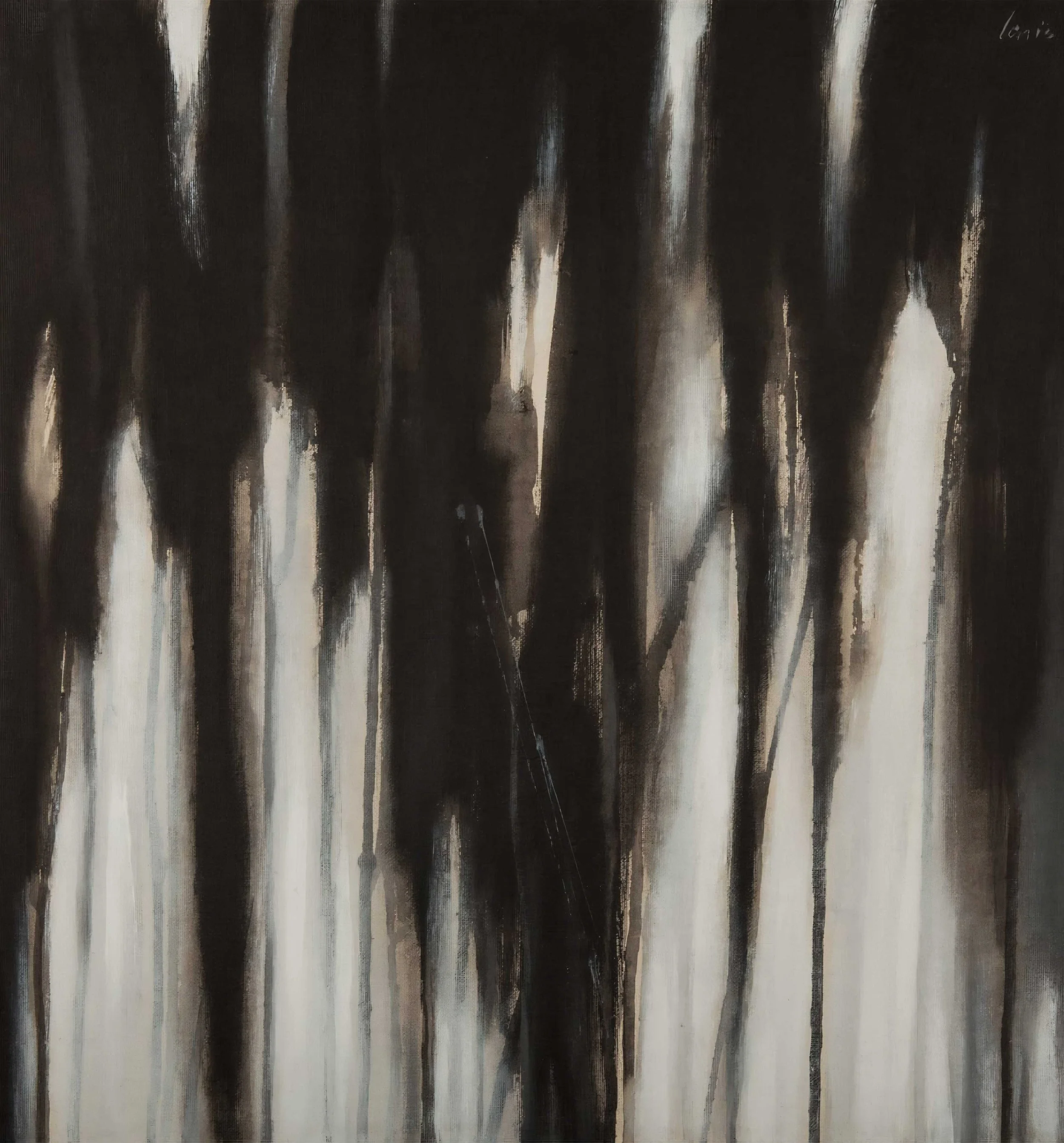 Jimmy Lenis large-scale contemporary painting, Colombian abstract figurative art in black and white, vertical gestural canvas exploring social tension and existential themes