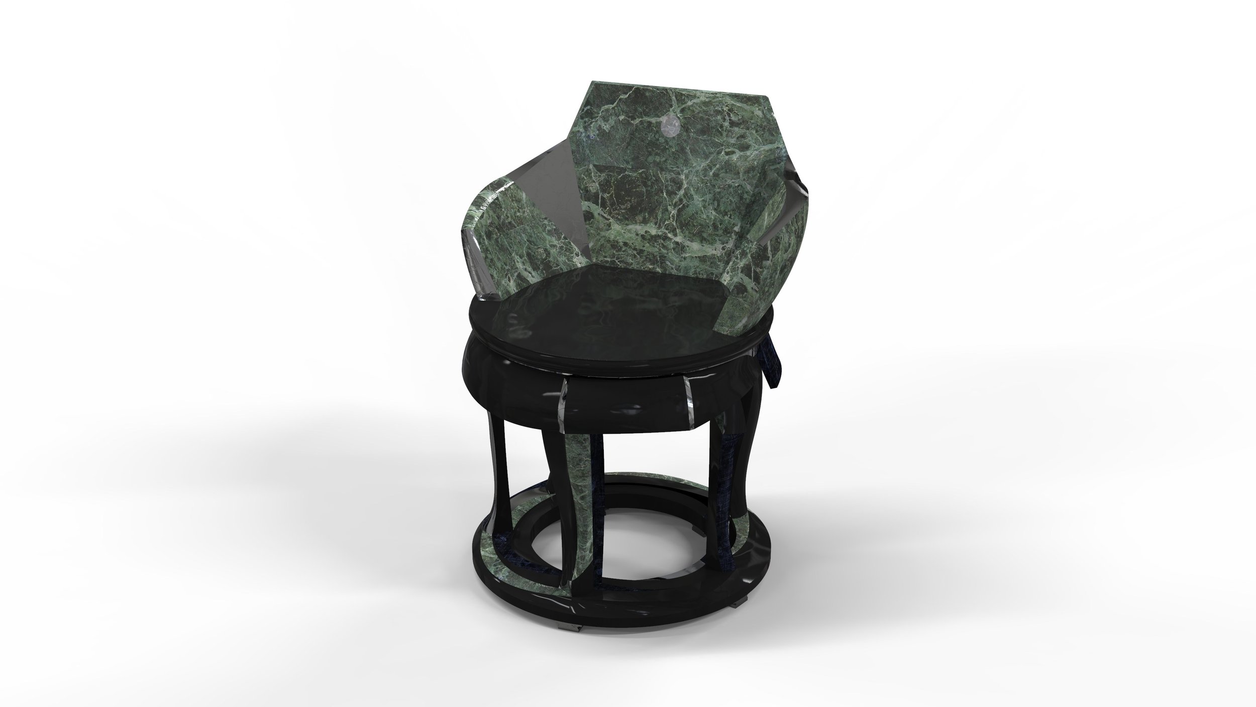 Round lacquered stool with stone-textured seat and screen-motif backrest