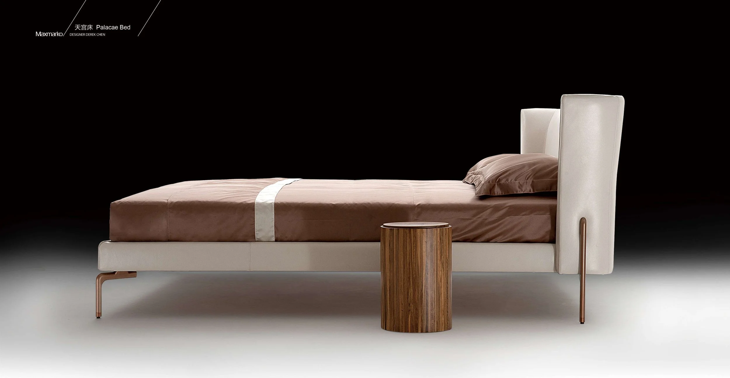 Luxury collectible leather bed featuring sculptural protective headboard.