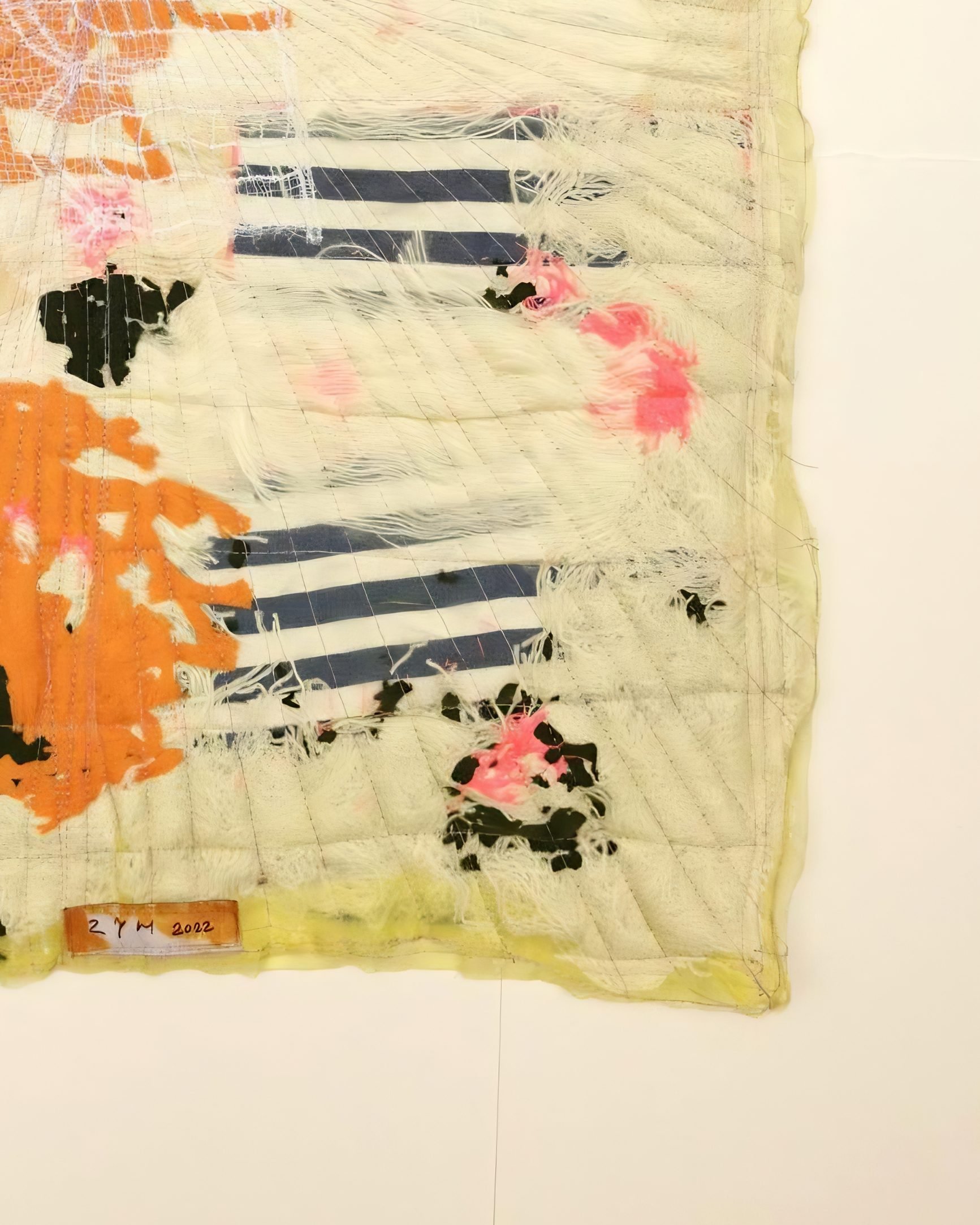 Contemporary textile art by Zhang Yonghong with expressive orange, pink and black patterns