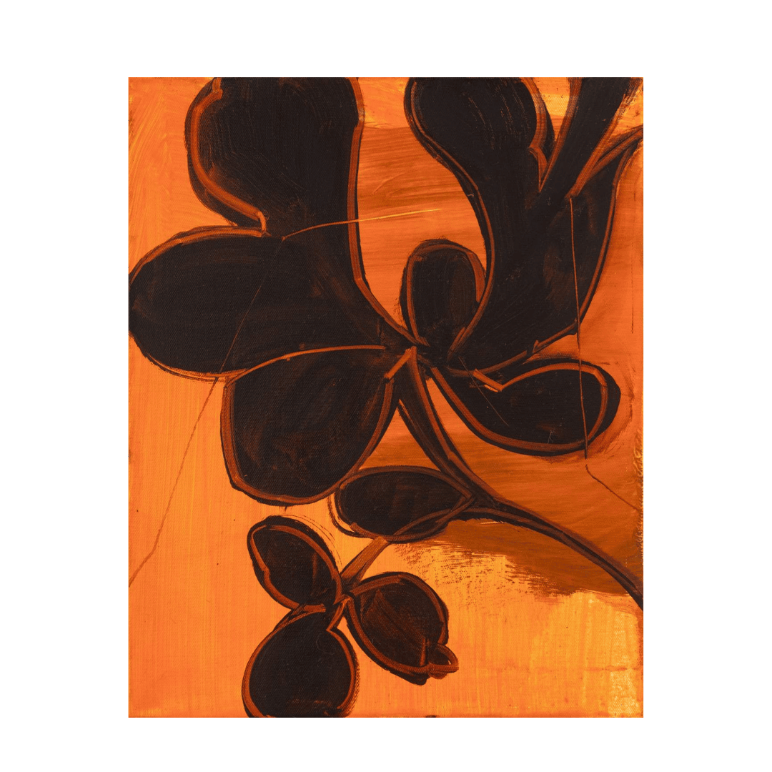 Petal 27 by Bian Jing contemporary acrylic painting with black petal forms on orange background