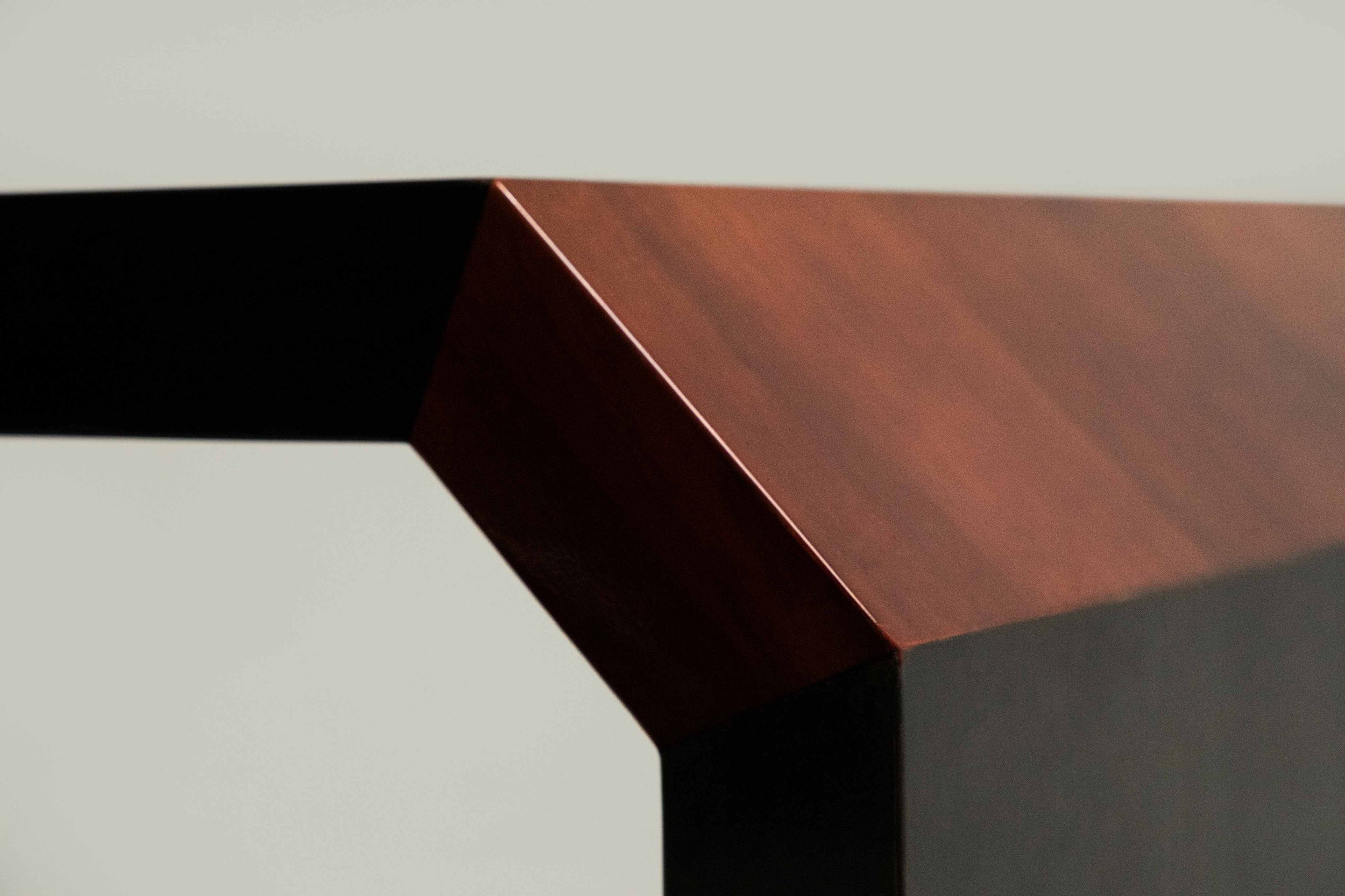 Combo table with sculptural lacquered base and signature fish-symbol carving by ARTEMPO.