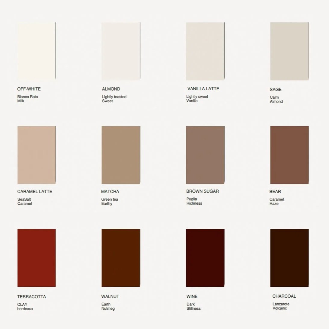 Natural colour palette with soft neutral and deep warm tones inspired by stone, ceramics and organic materials by EAST WEST SPACE