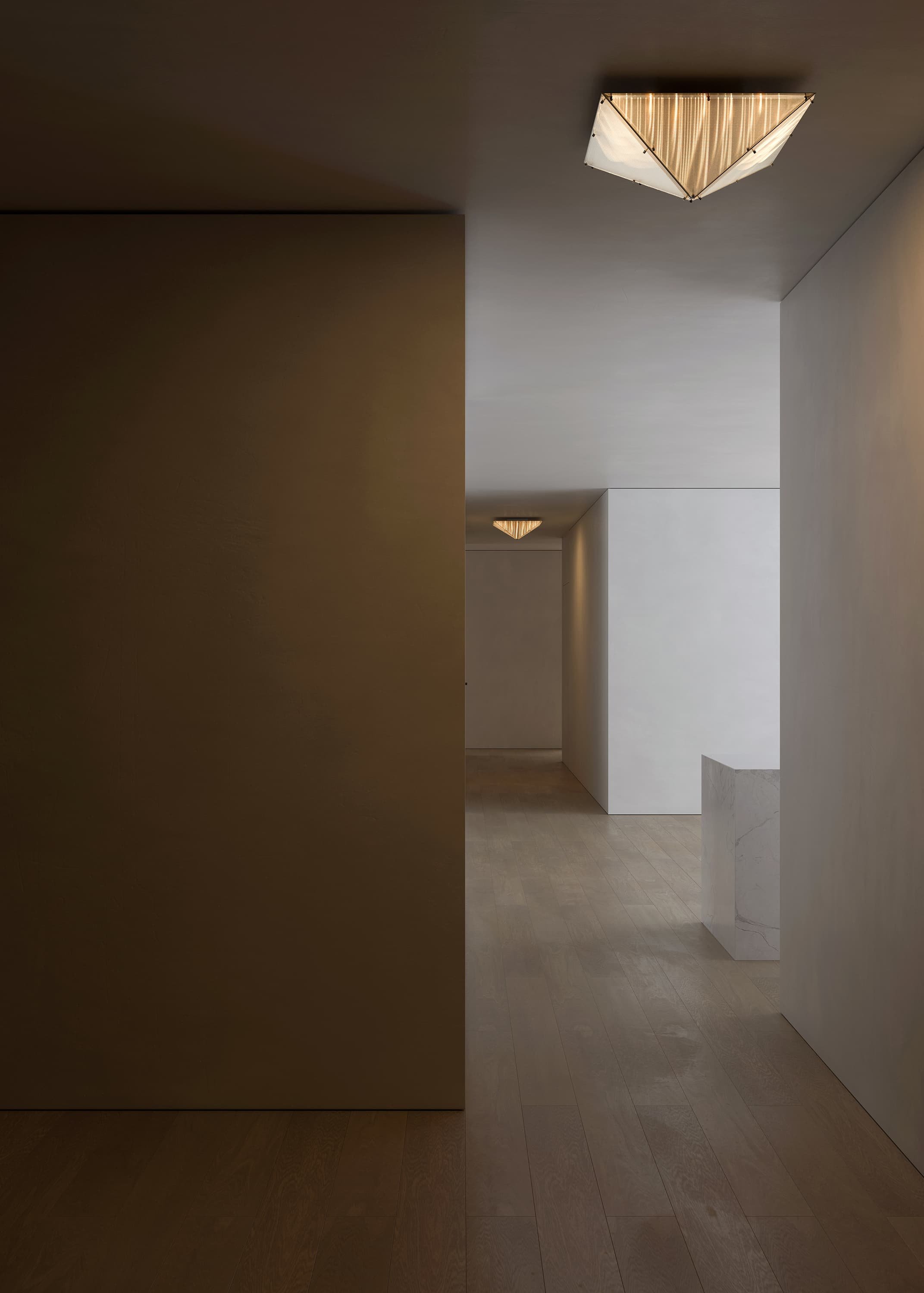 Architectural ceiling lamp with illuminated textured planes, Fragment 06.