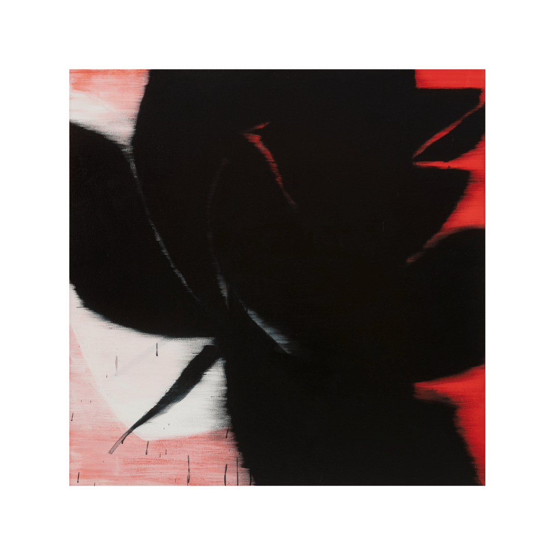 Petal 1 by Bian Jing contemporary acrylic painting with black abstract petal forms and red background