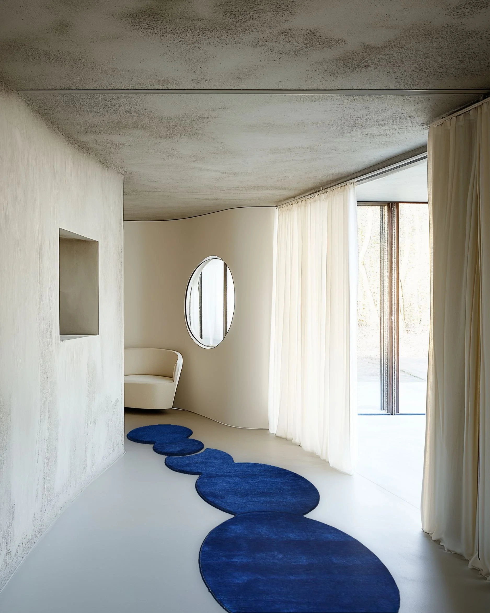 Blue organic-shaped design rug by Dinodo Studio, formed by linked circles, in a curved hallway with linen curtains and a white armchair.