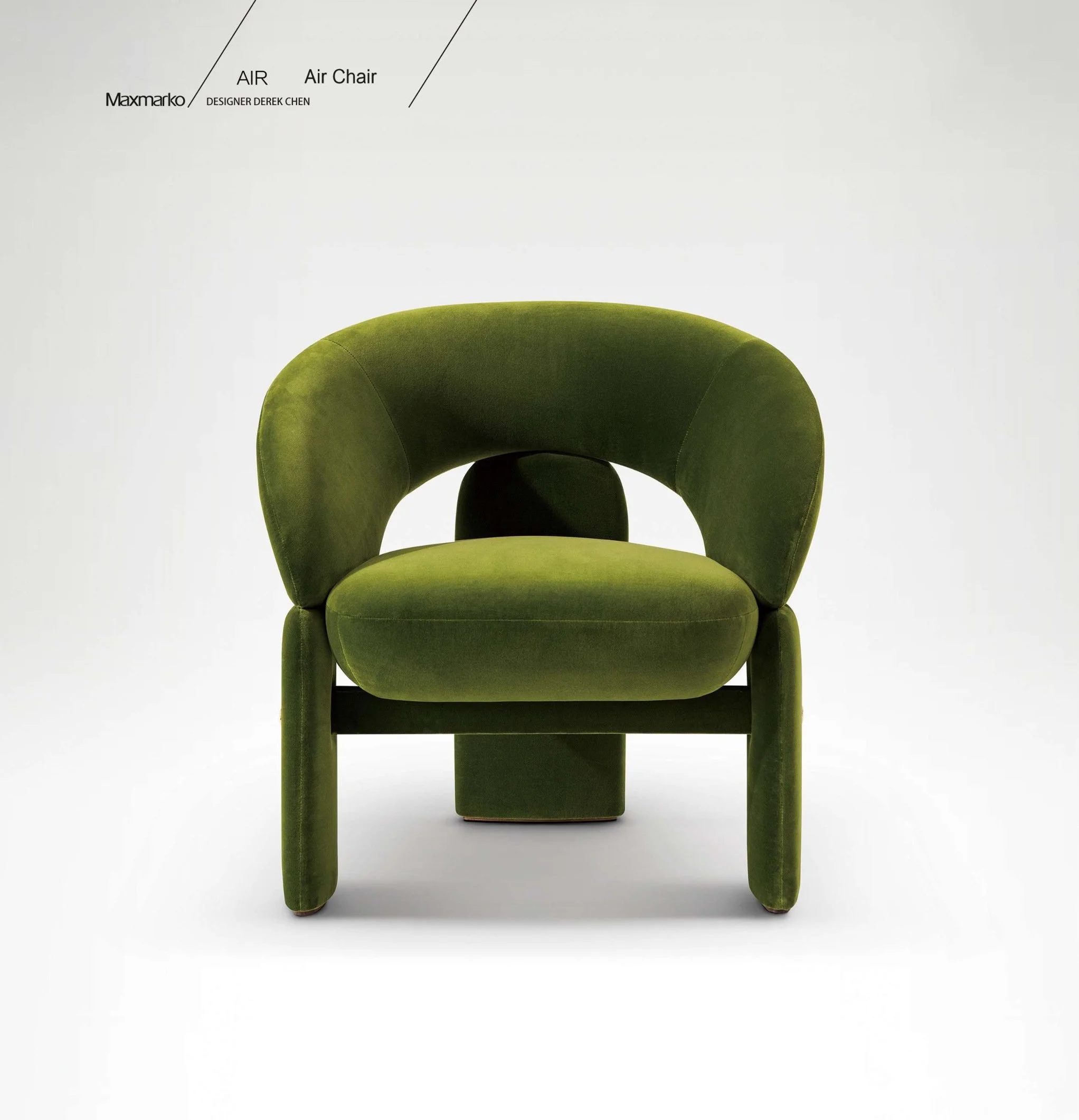 Modern velvet armchair with cultural references and soft sculptural geometry.