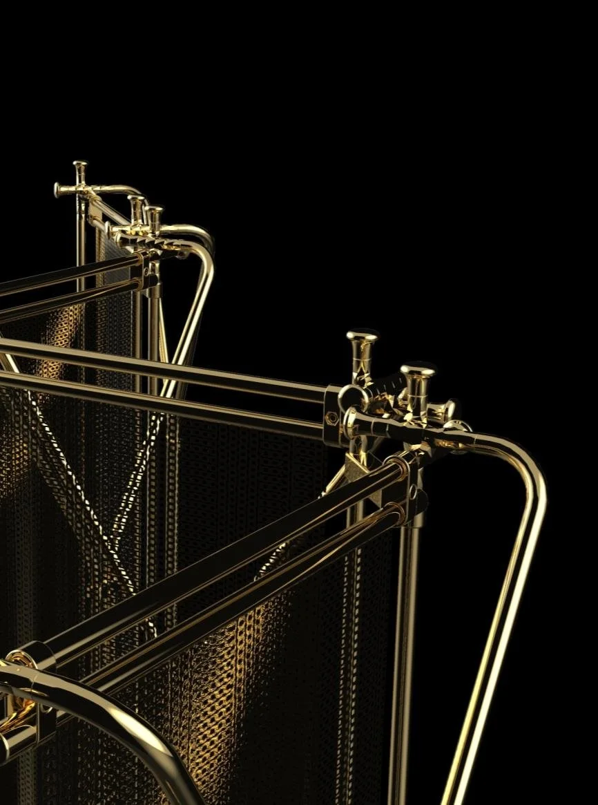Luxury contemporary screen with metallic mesh panels and Champagne Gold structure by Chen Darui.