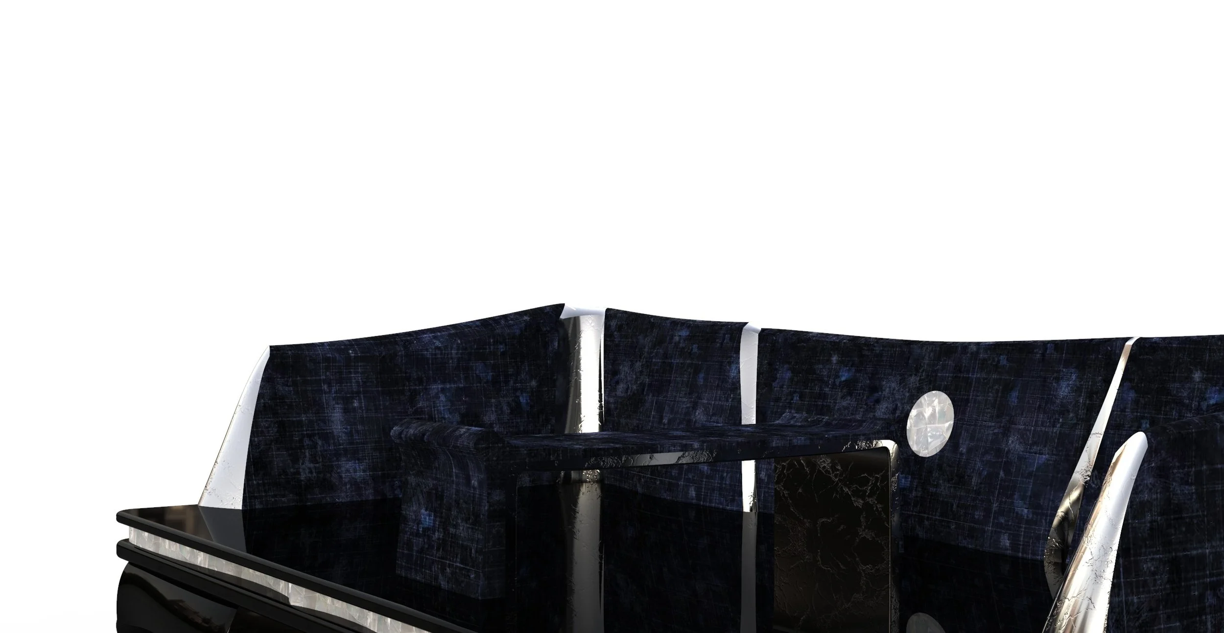 Sculptural daybed with glossy black frame and blue textured screen panels