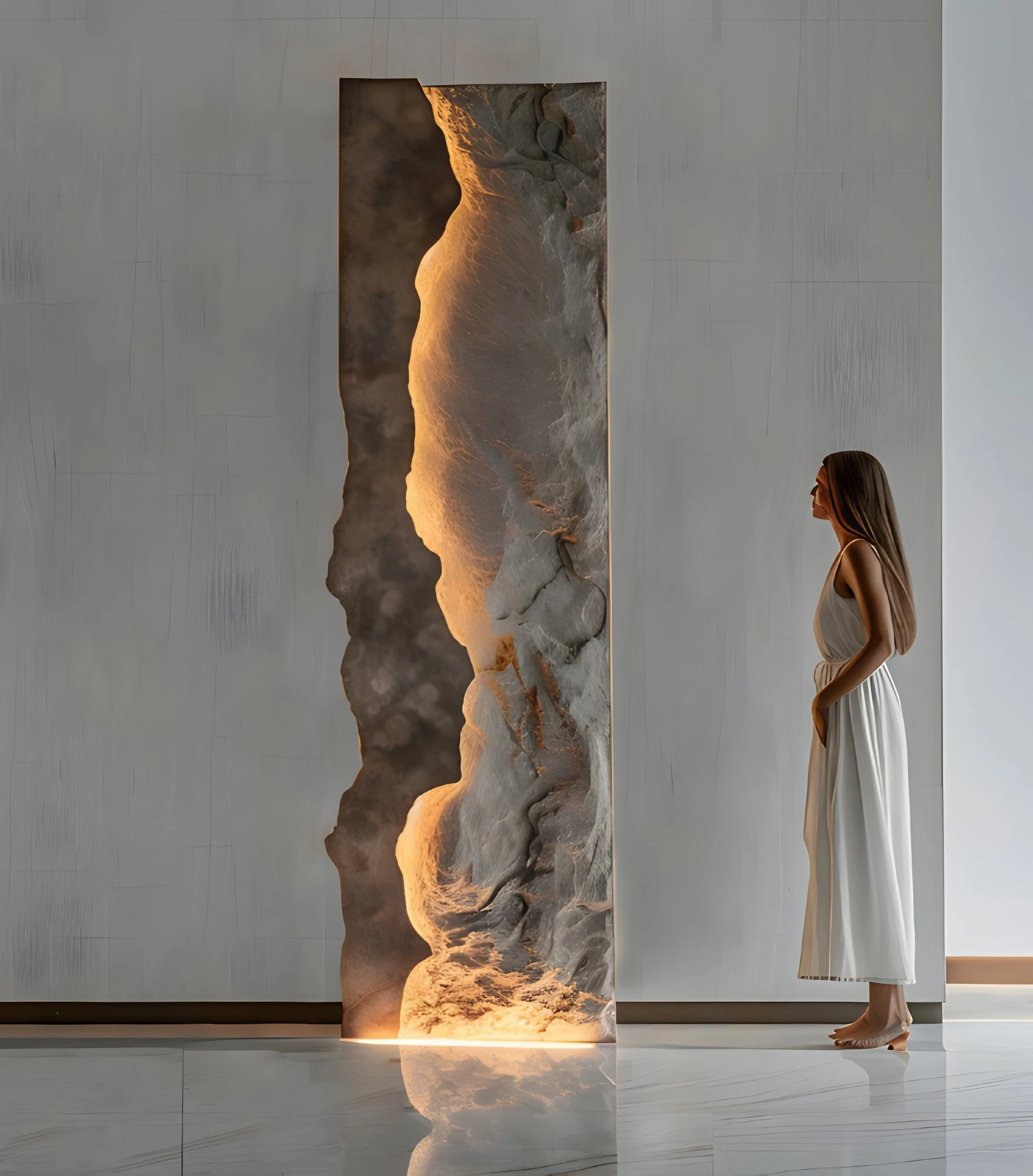 Vertical sculptural light piece with organic eroded textures and warm inner glow, ideal for architectural interiors.