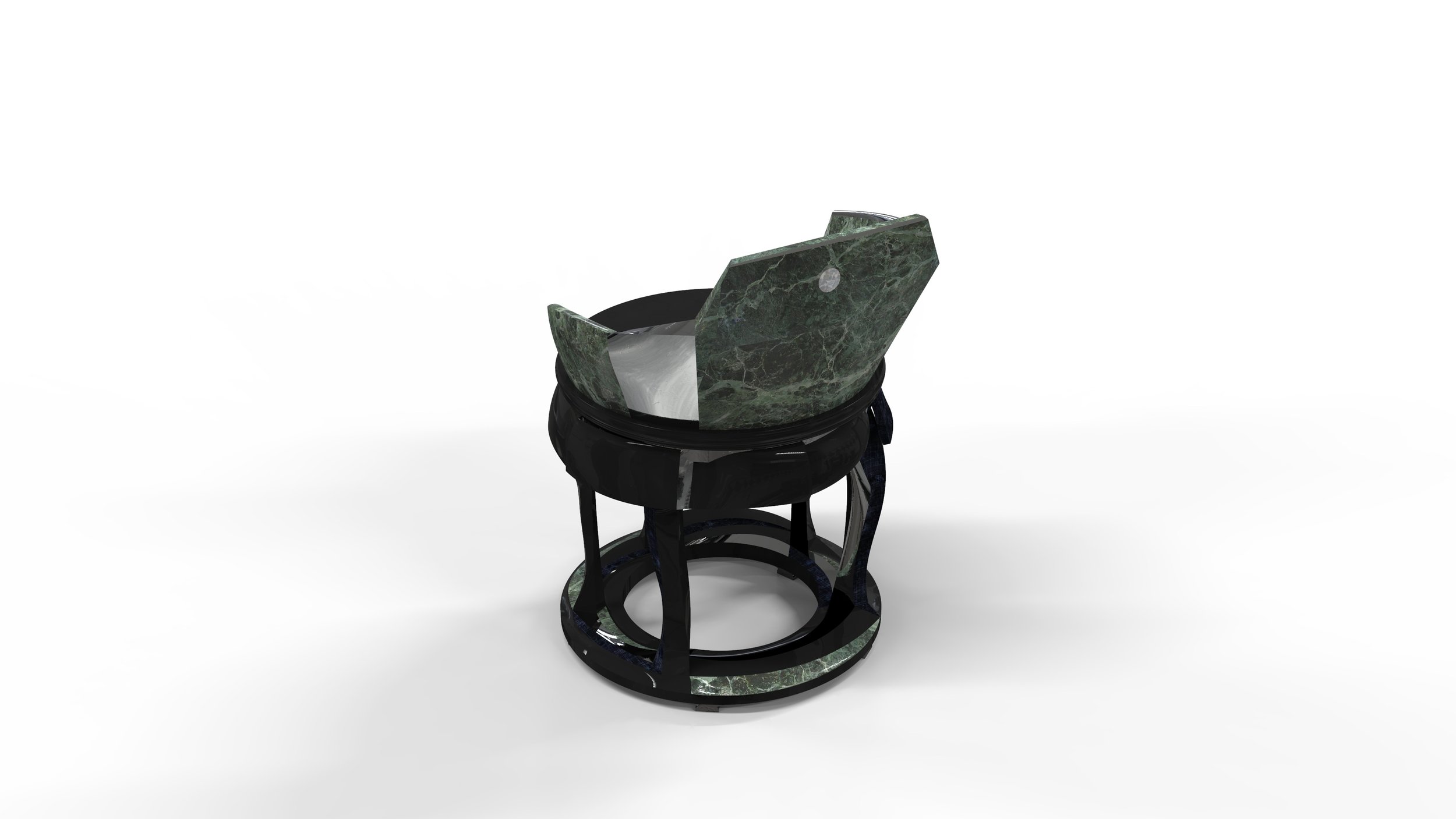 Collectible round stool with glossy lacquer base and sculptural stone-like top