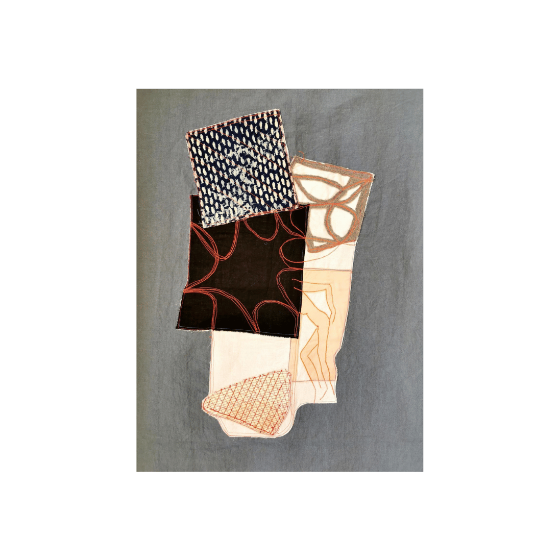 Contemporary mixed-media textile artwork combining patterned fabrics, stitched figures and layered fibers, exhibited at EAST WEST SPACE