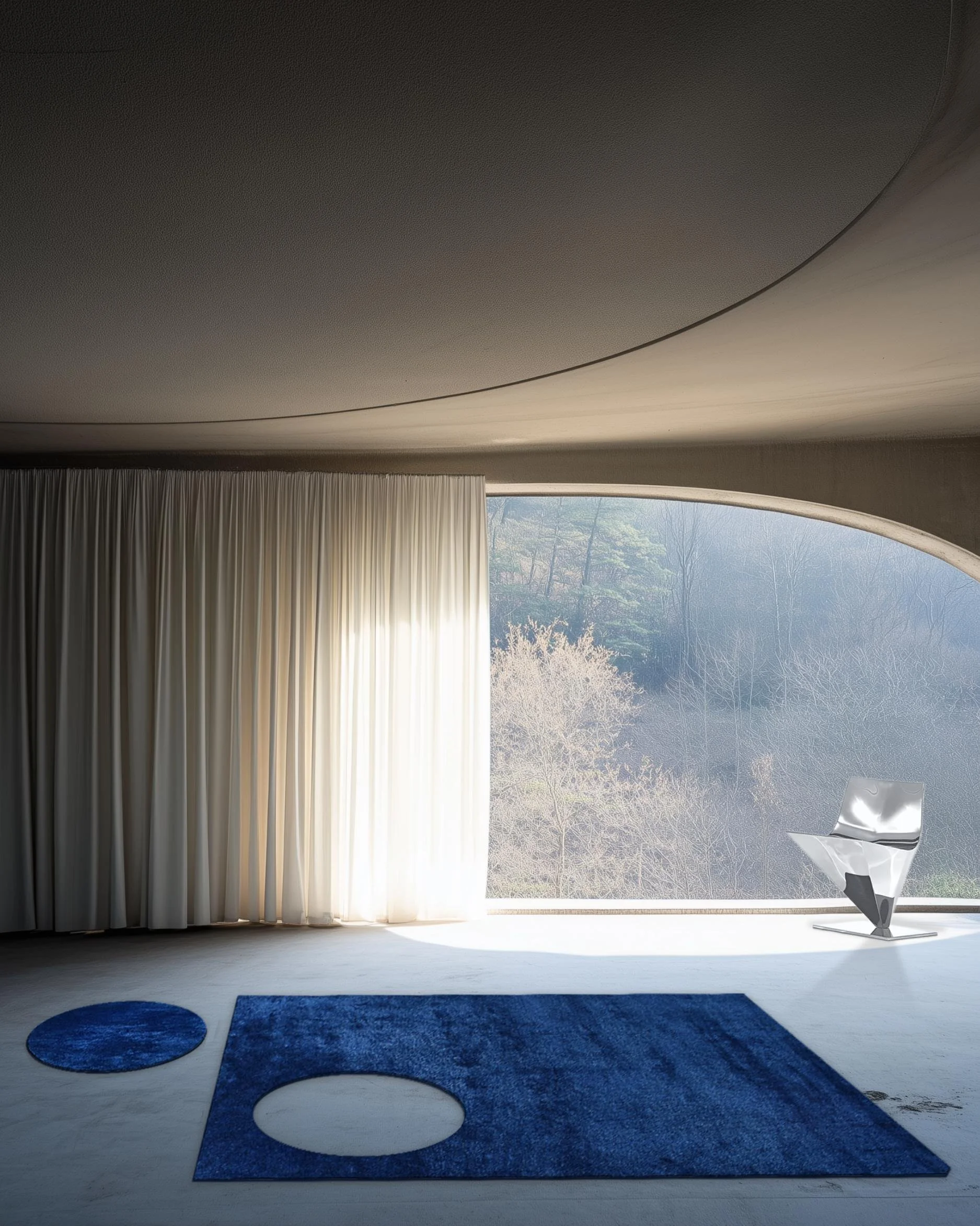 Blue geometric art rugs by Dinodo Studio, one rectangular with a circular cut-out and one round, in a contemporary interior with a curved window onto a forest.