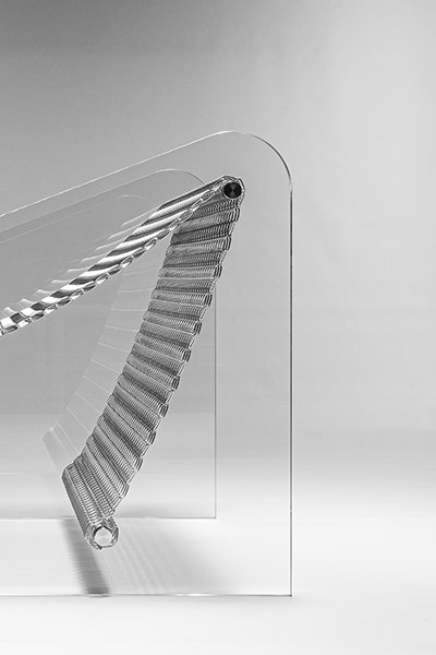 Collectible design armchair Metal Affaire by Minimal Studio with glass and metal structure