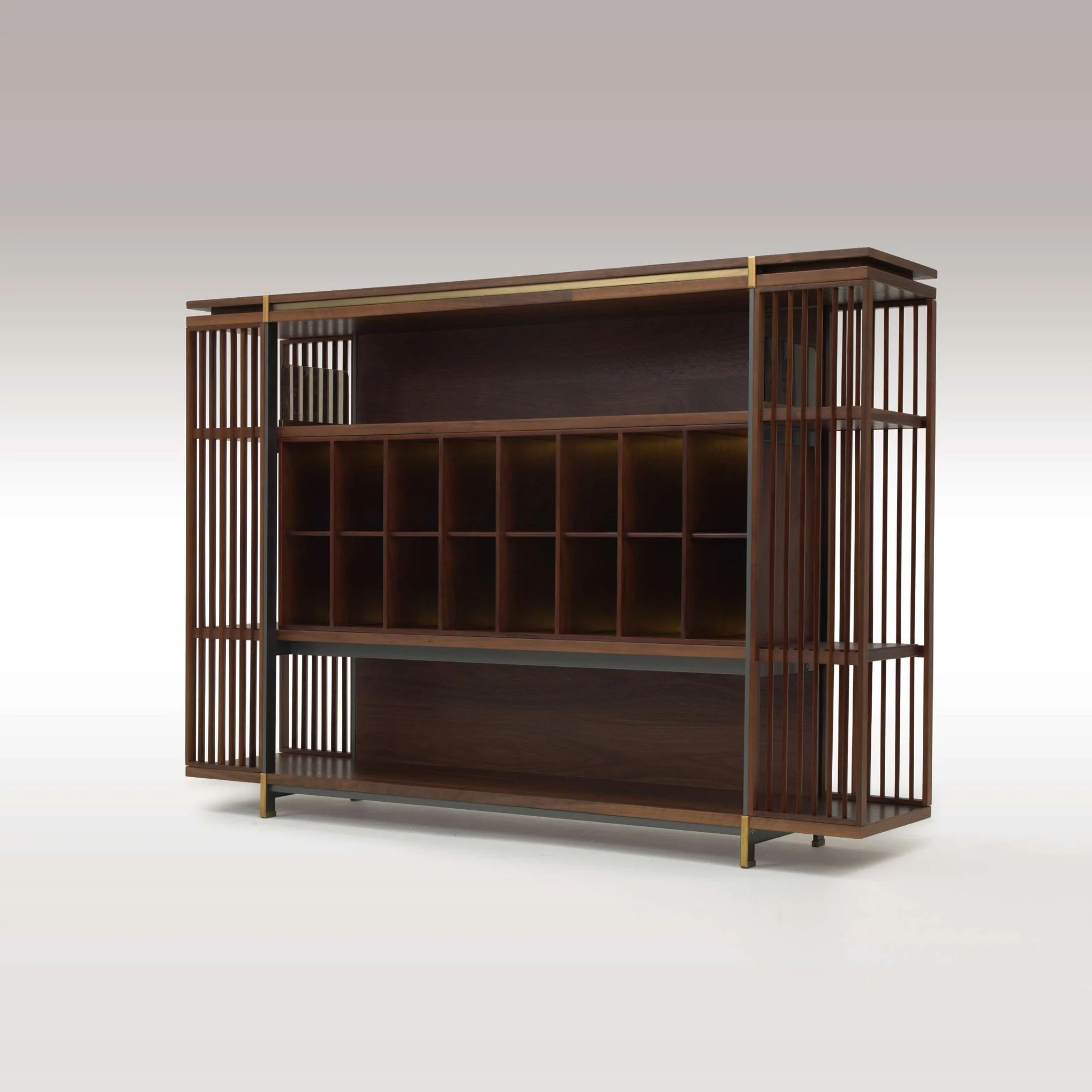 High-end display cabinet with brass-plated structure and sandstone backlighting.
