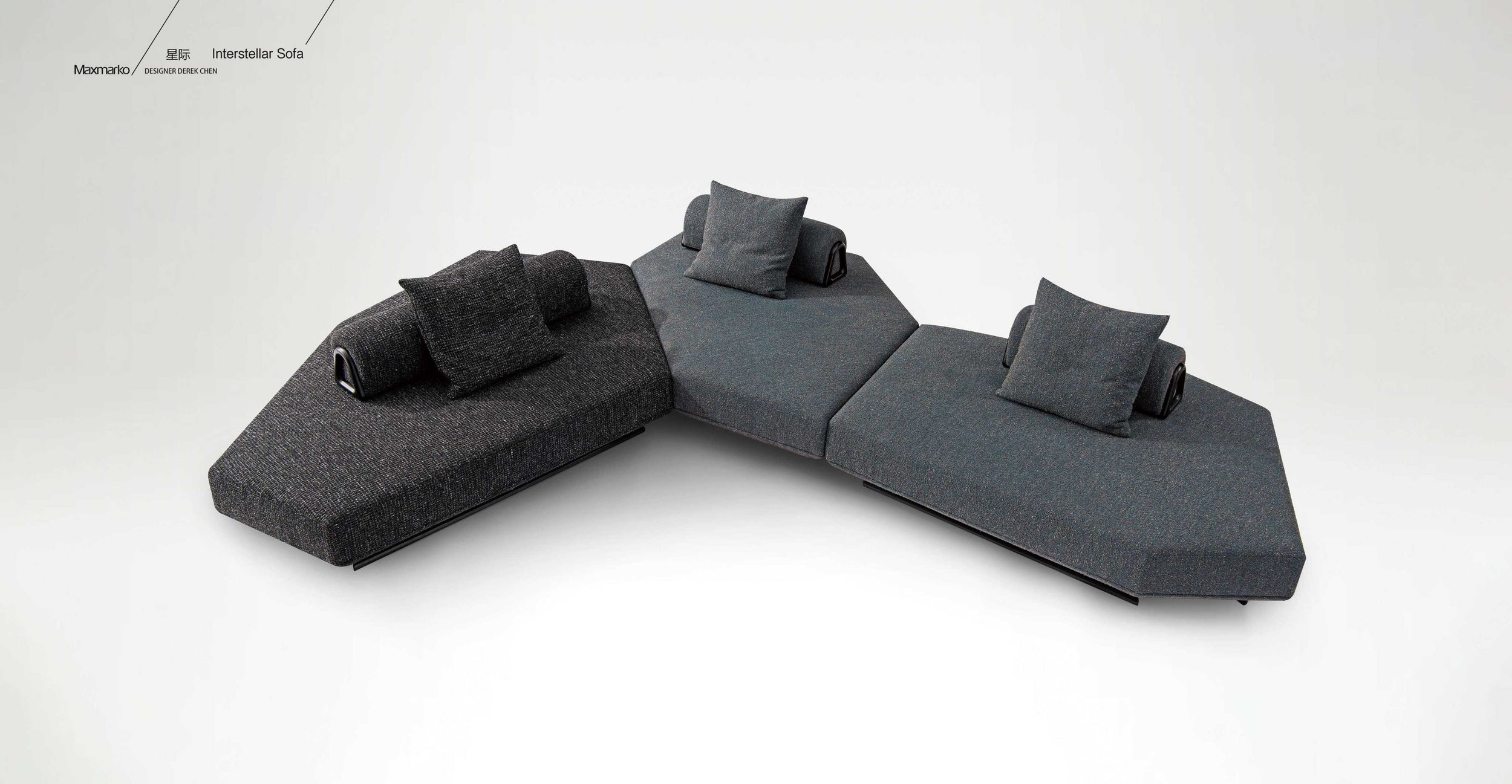 Contemporary modular sofa resembling a starship silhouette, Maxmarko Interstellar.