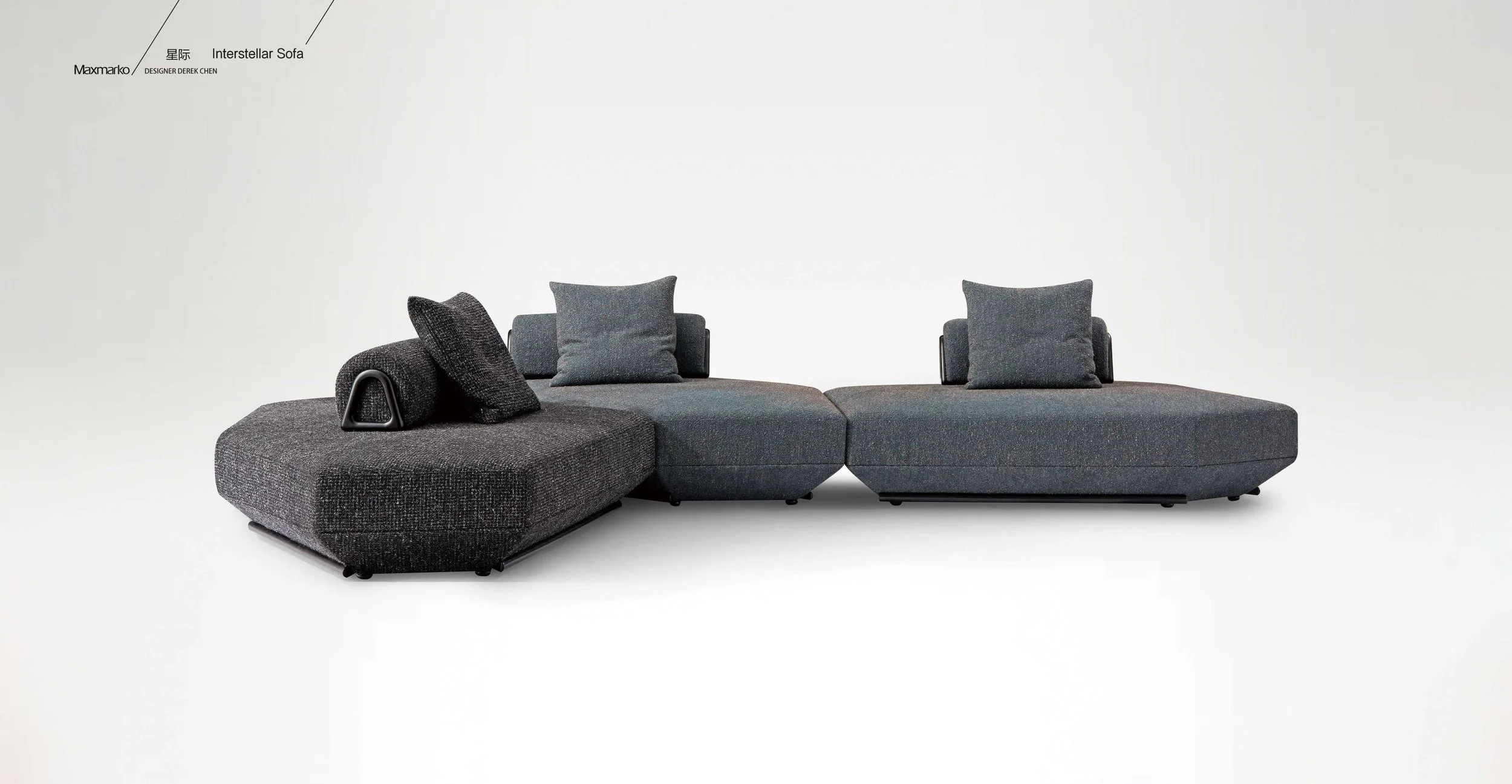 Sci-fi inspired sofa with angular modules and flexible configurations, Interstellar design.