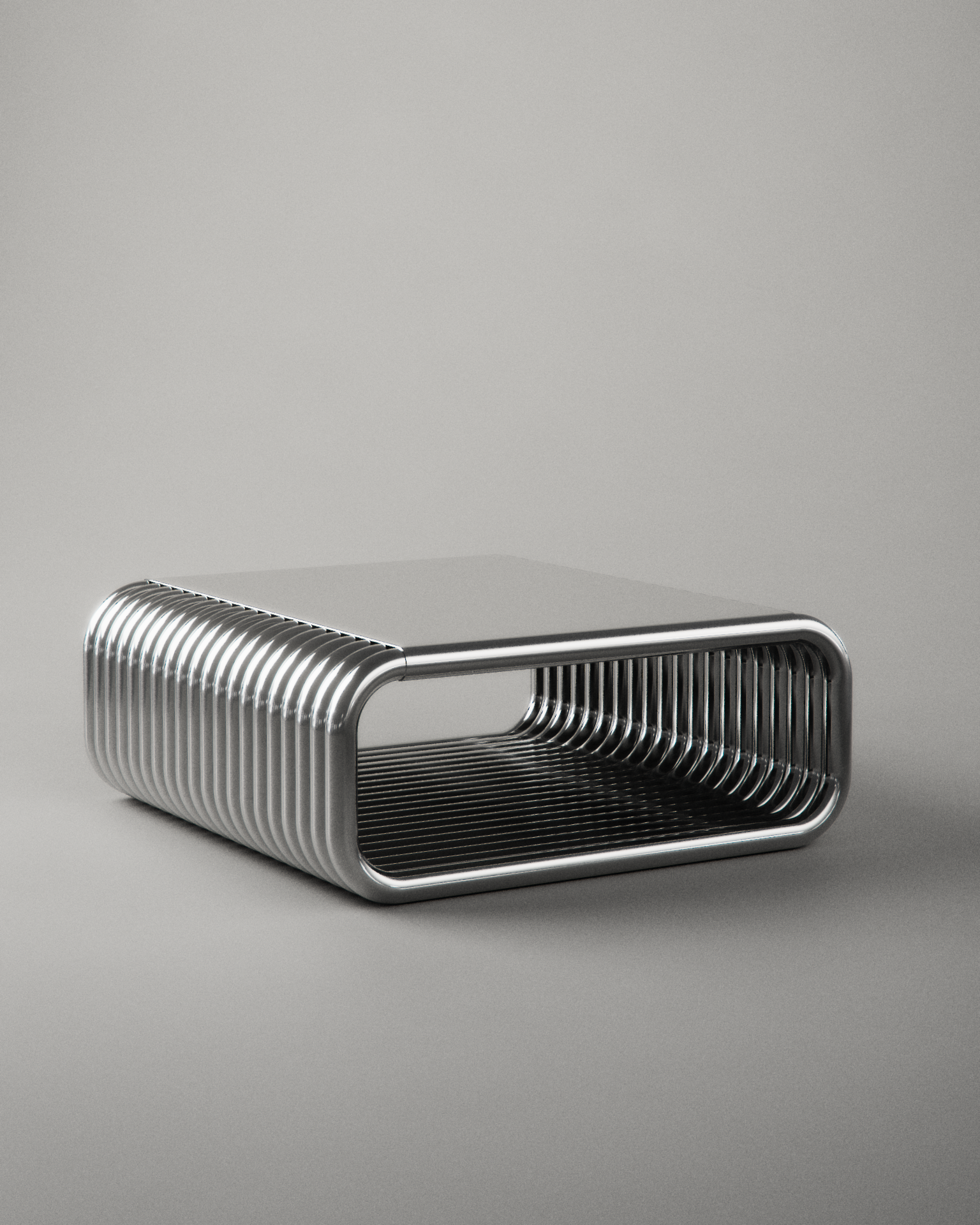 Sculptural stainless steel furniture by SIETES, blending playfulness and precision — EAST WEST Space showroom.