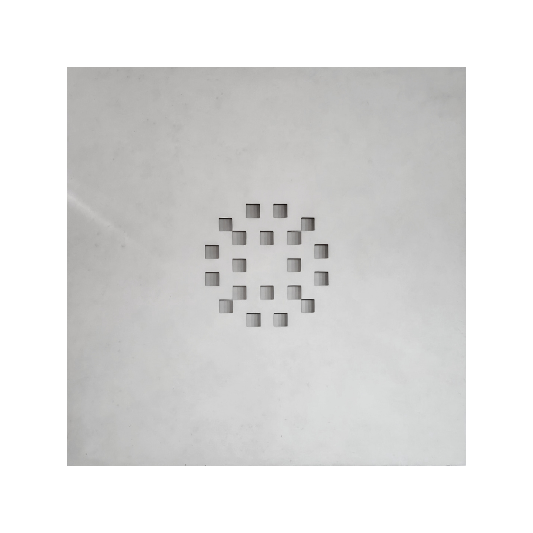 Centrum by Robert Pous, minimalist white relief with geometric cut-outs and optical light effects, represented by EAST WEST SPACE.