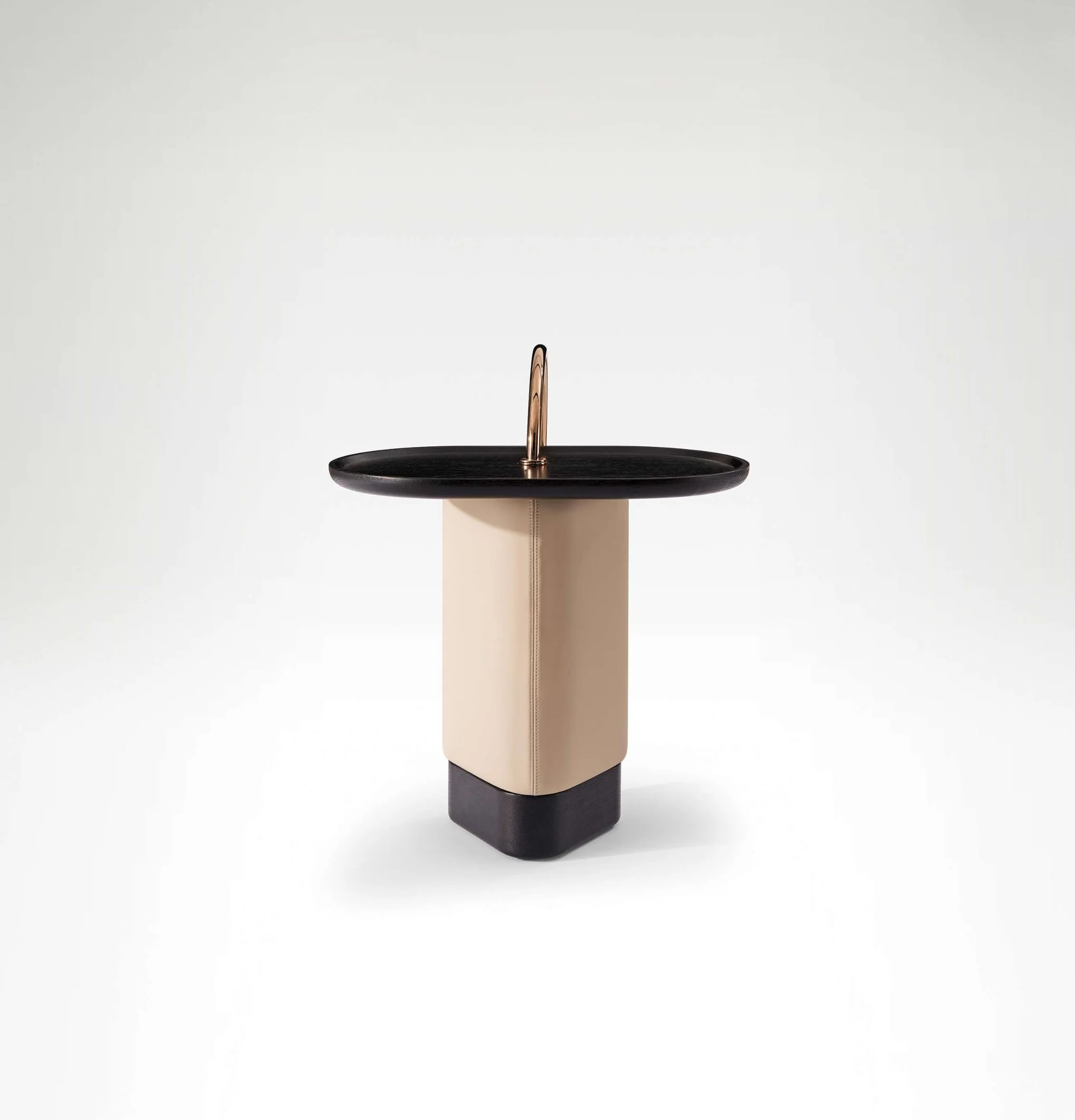 Sculptural collectible side table featuring oval wooden top and ring detail.