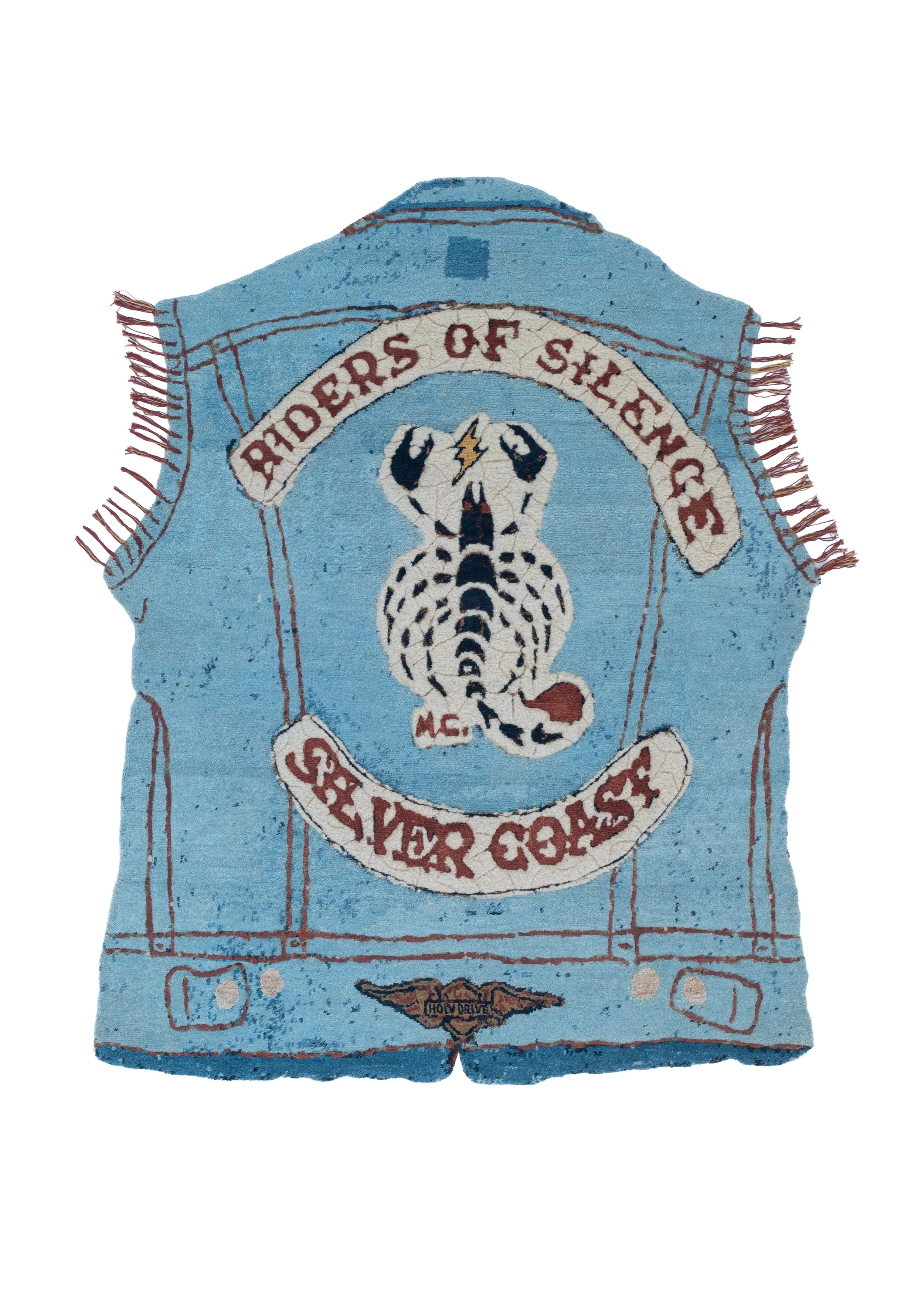 Riders of Silence hand-knotted art rug by Julien Jaca for Dinodo Studio, shaped as a blue denim biker vest with a scorpion patch and fringes