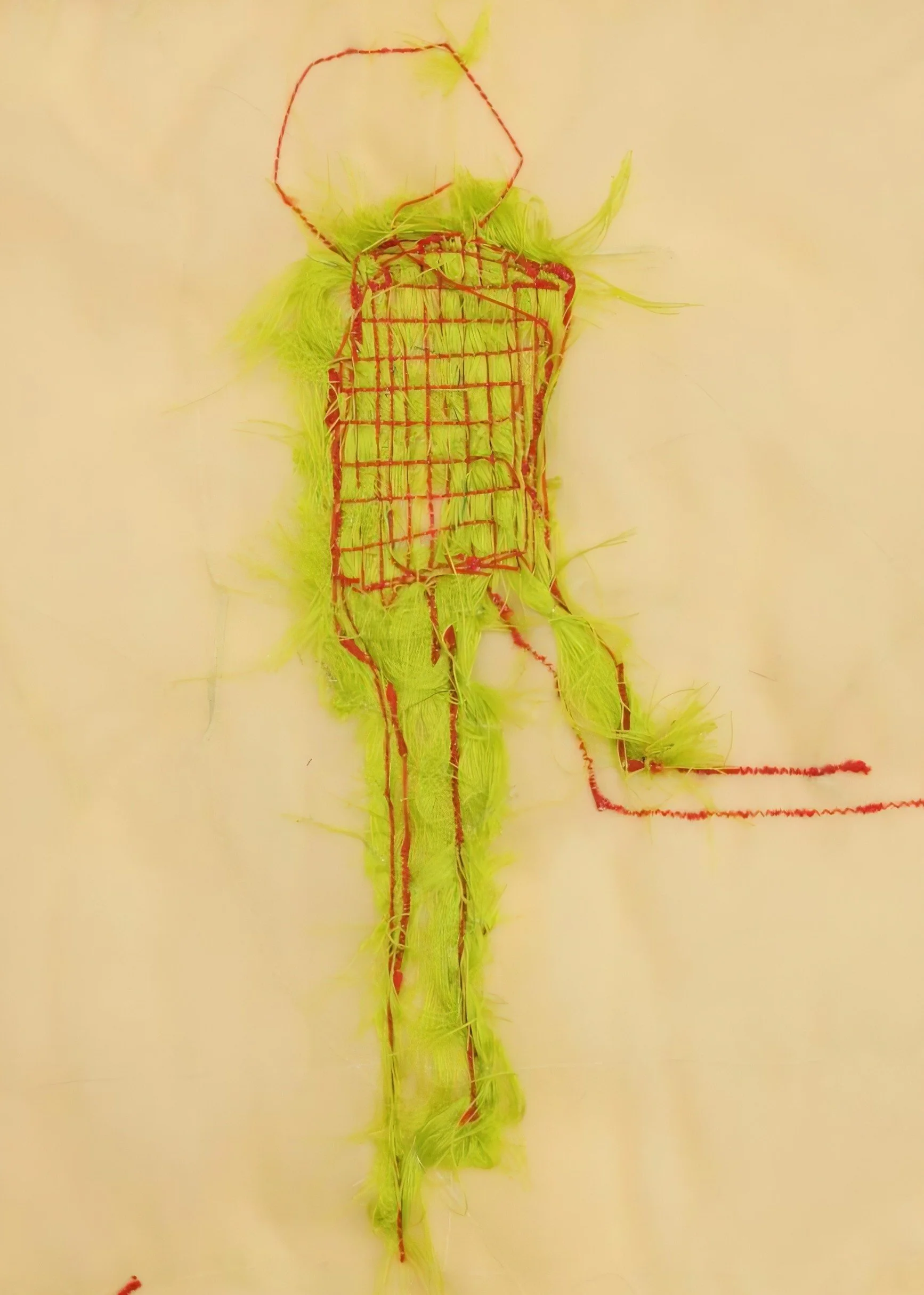 Abstract textile piece with figurative silhouette and vibrant embroidered lines