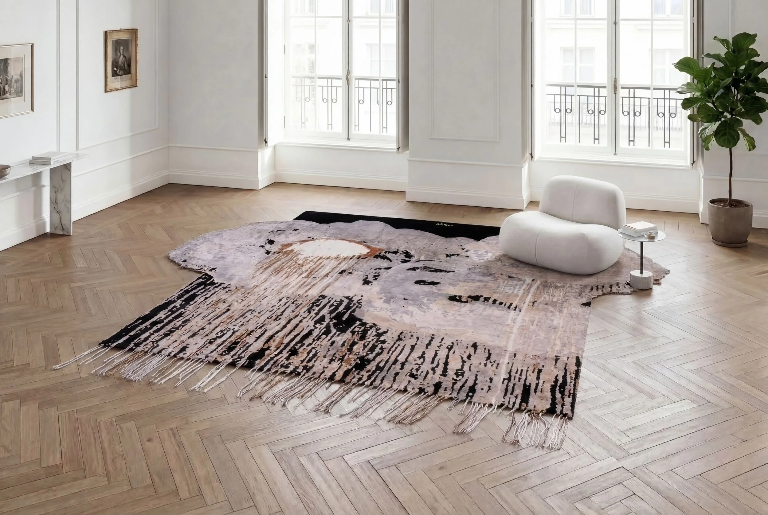 Sugar Magnolia limited edition art rug by Julien Jaca in a classic living room with tall windows, herringbone floor and white lounge chair