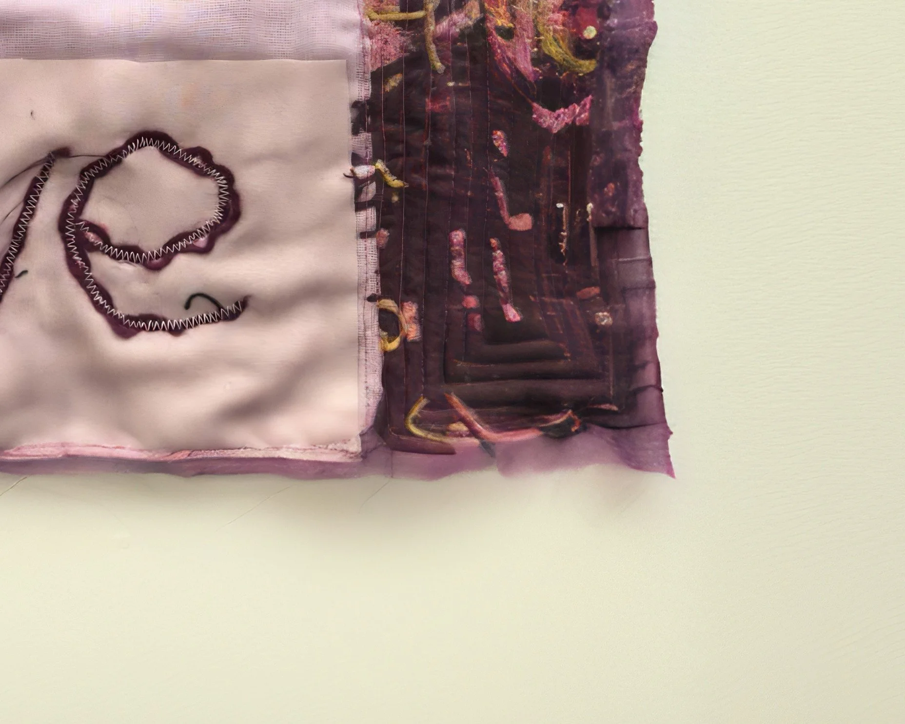 Contemporary fibre art with lilac patchwork and sculptural stitched borders