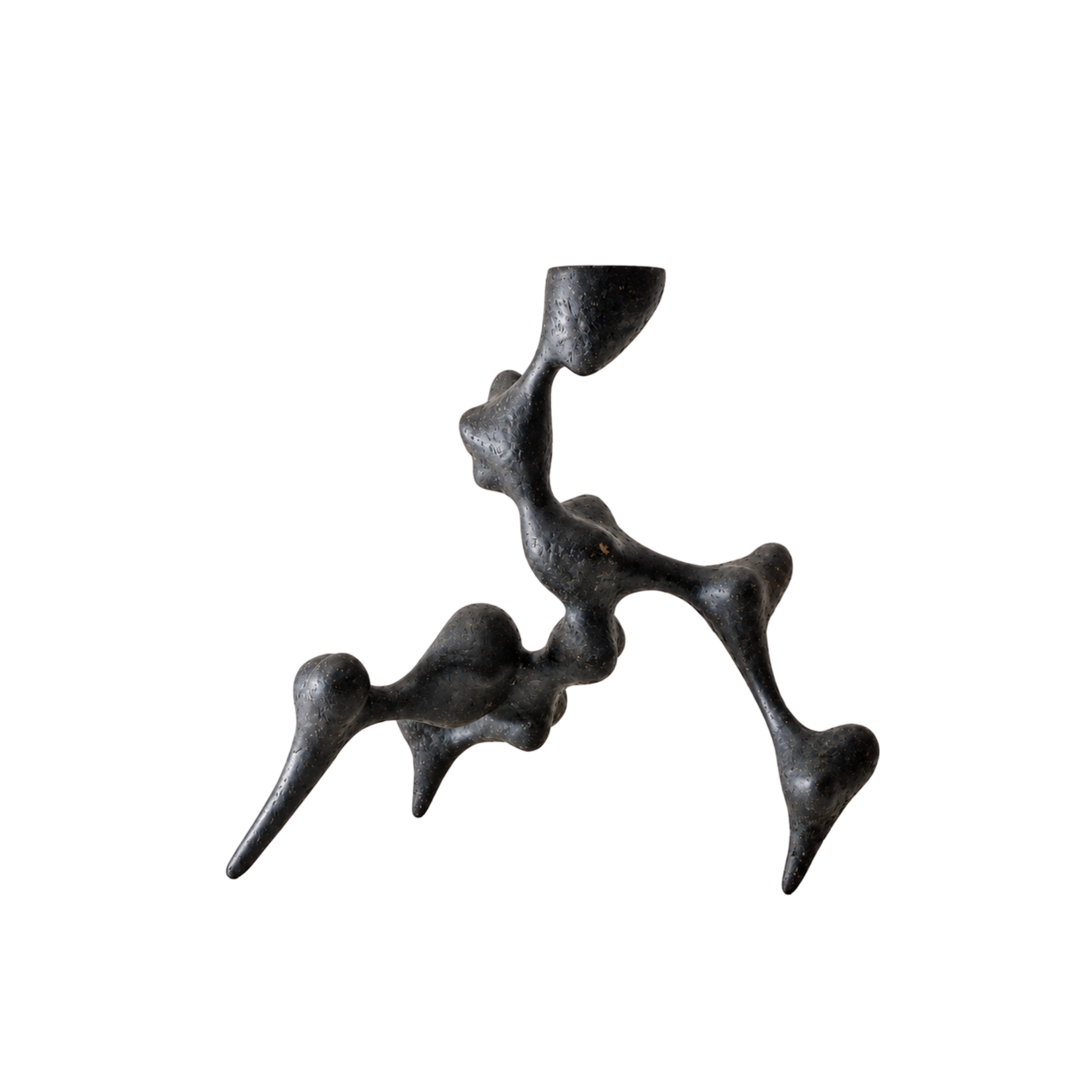 Bicho II by Justino Del Casar, rear three-quarter view of the zoomorphic sculpture in speckled black