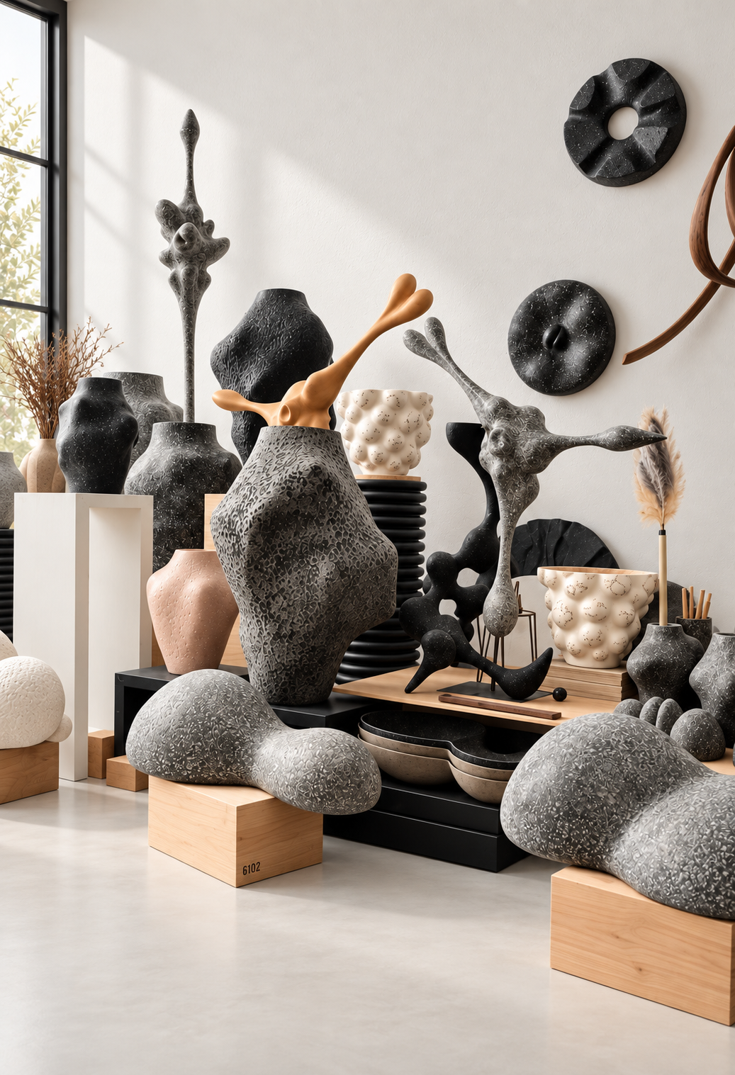 Collection of contemporary sculptures, vases and wall discs by Justino Del Casar on wooden plinths